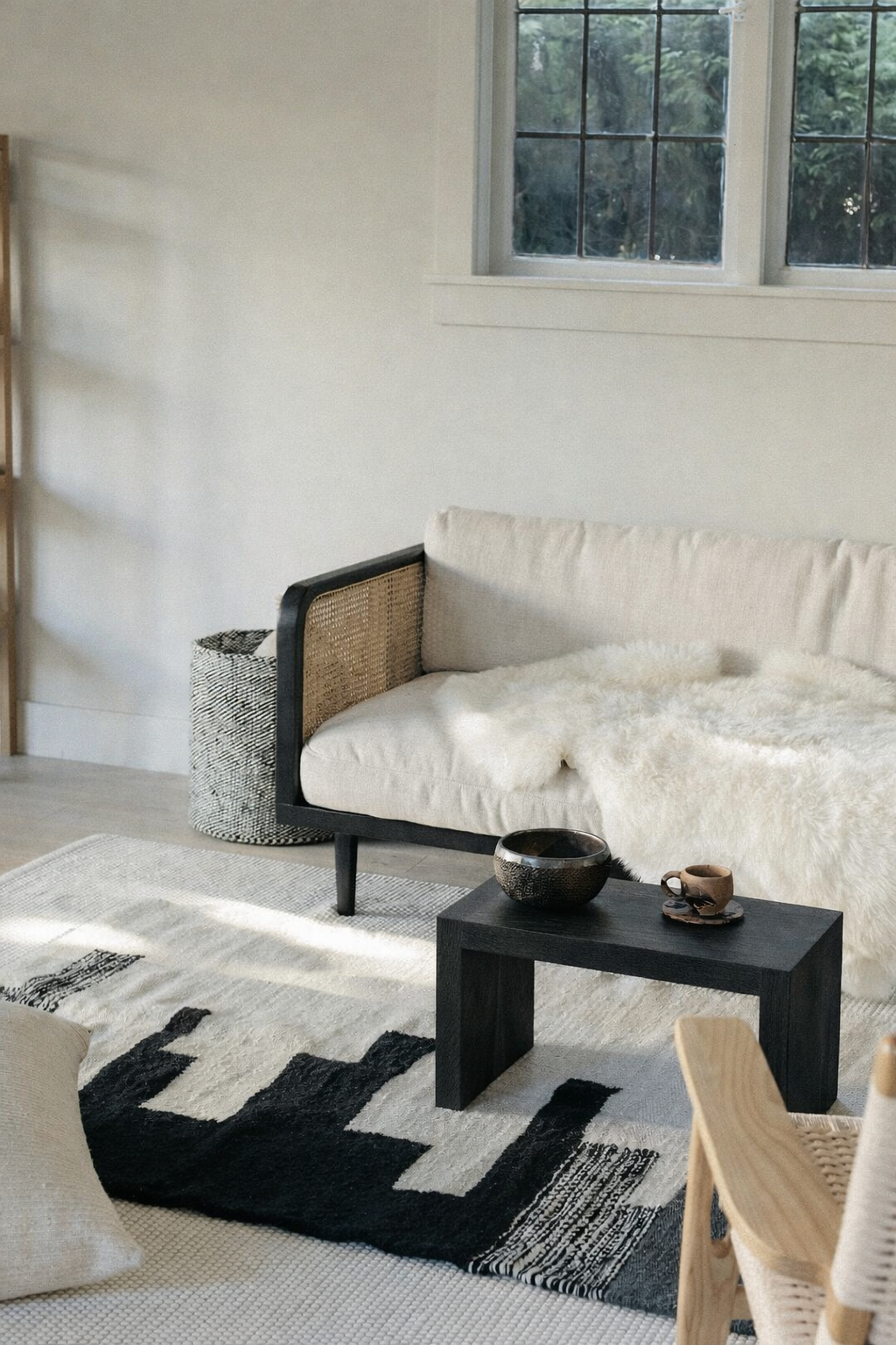 Harlow Modern Ash Wood Cane Panel Sofa with White Textured Linen Weave Upholstery