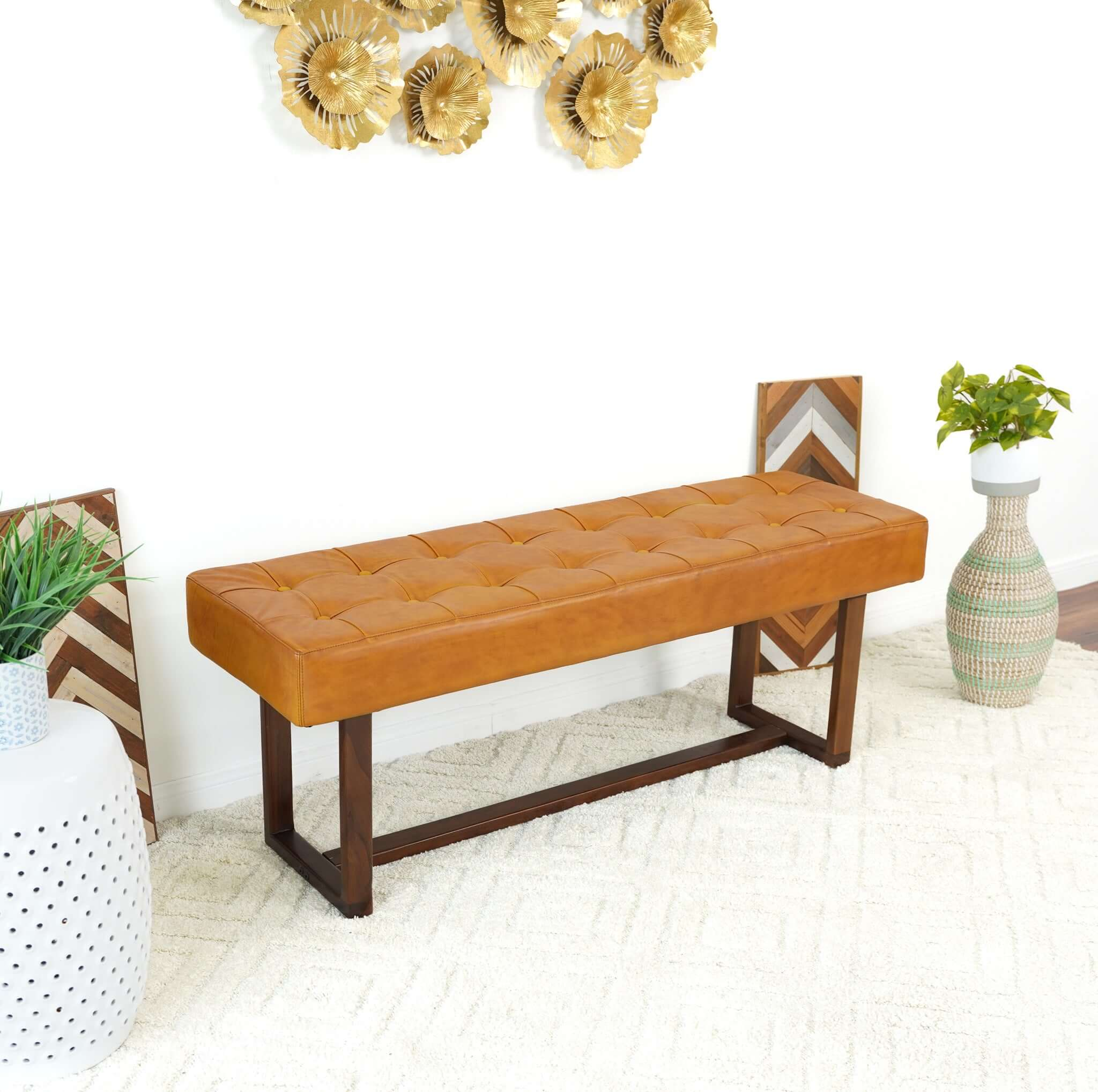 Tanner Genuine Leather & Eucalyptus Wood Tufted Bench