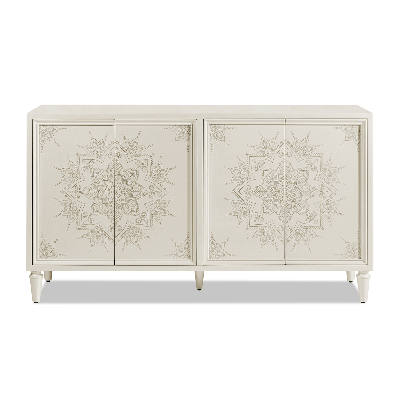 Mahal Hand Painted Mandala Lacquered Sideboard, Ivory Off-White Lacquer