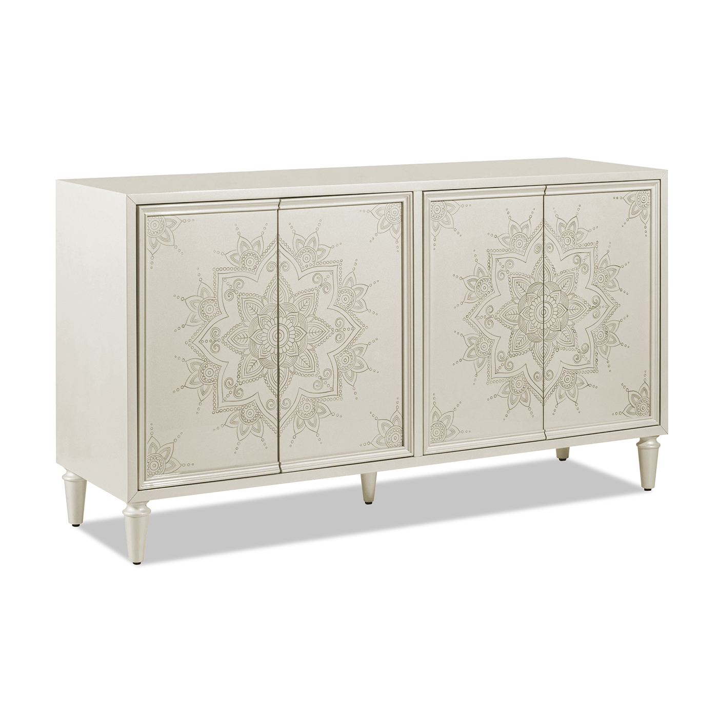 Mahal Hand Painted Mandala Lacquered Sideboard, Ivory Off-White Lacquer