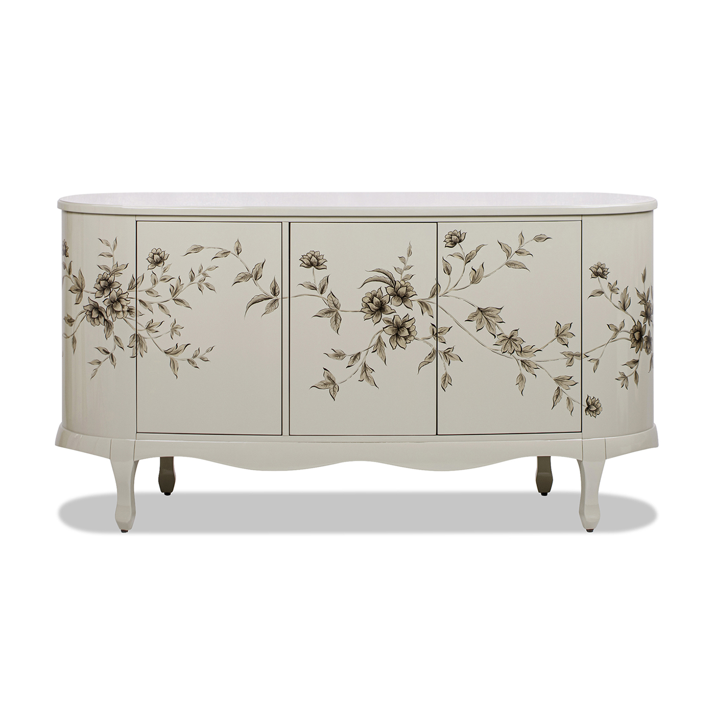 Mahal Hand Painted Mandala Lacquered Sideboard, Ivory Off-White Lacquer
