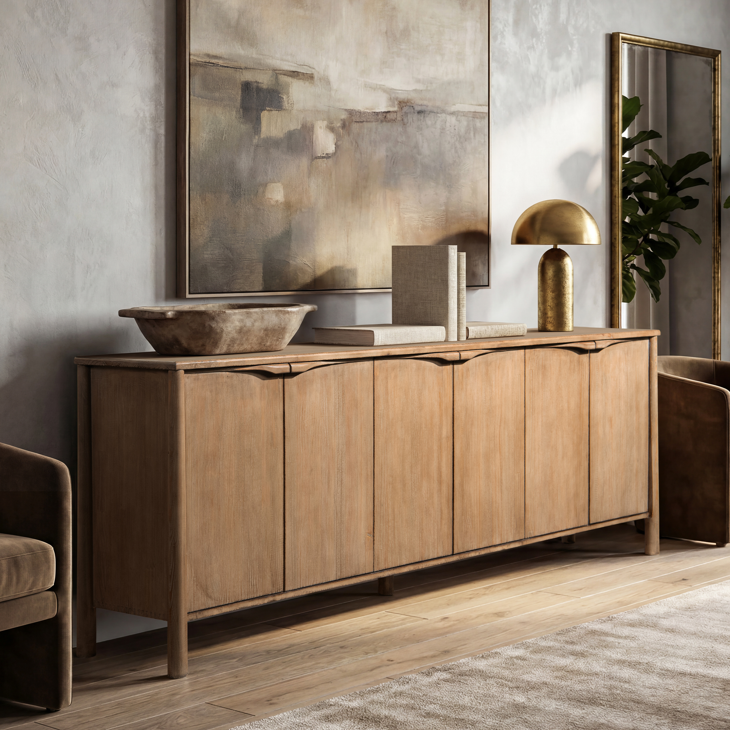 Nolan Extra Long 6-Door Cabinet Reclaimed Pine Wood Sideboard, Antique Natural Brown