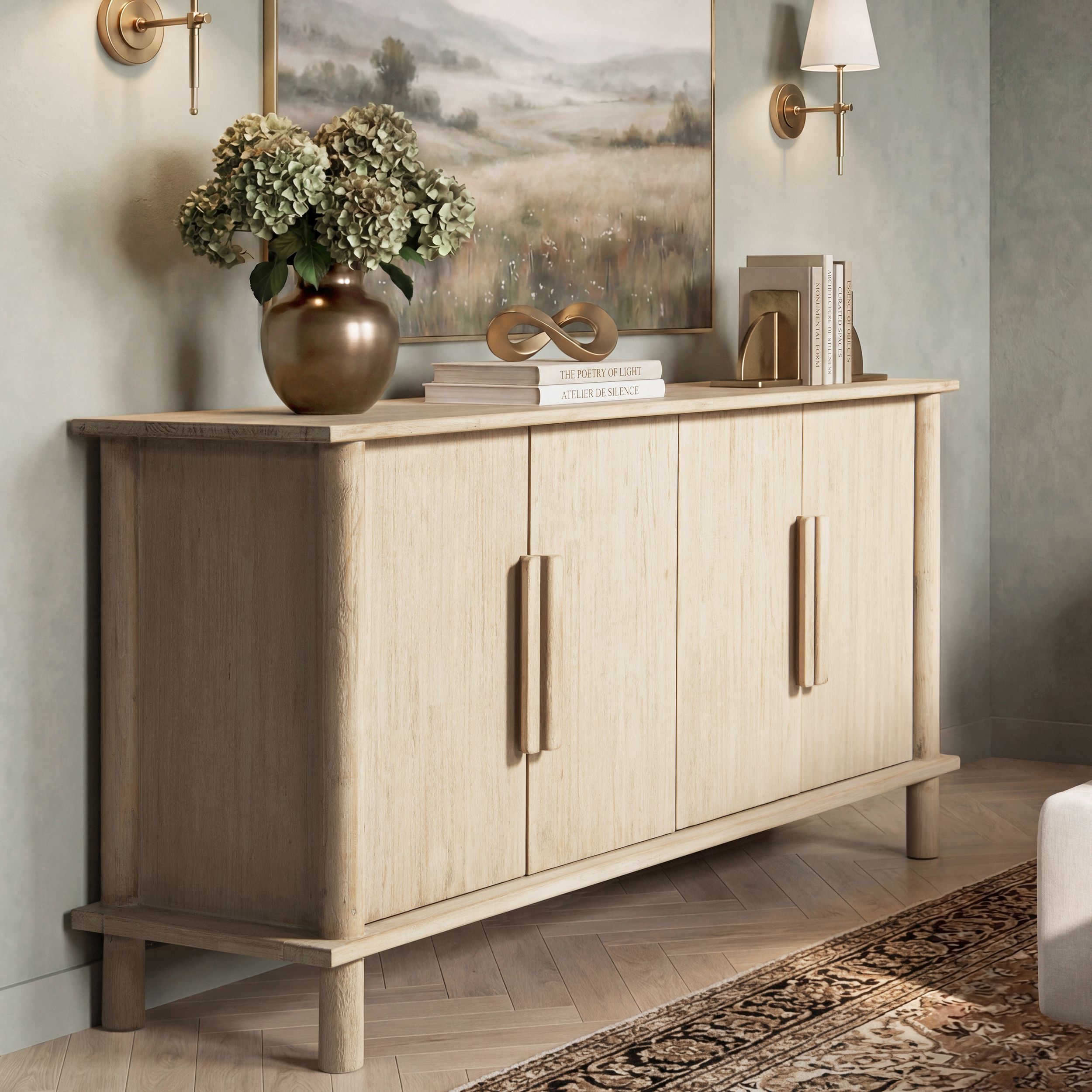 Milo Reclaimed Pine Wood 4-Door Sideboard, Light Natural Cerused