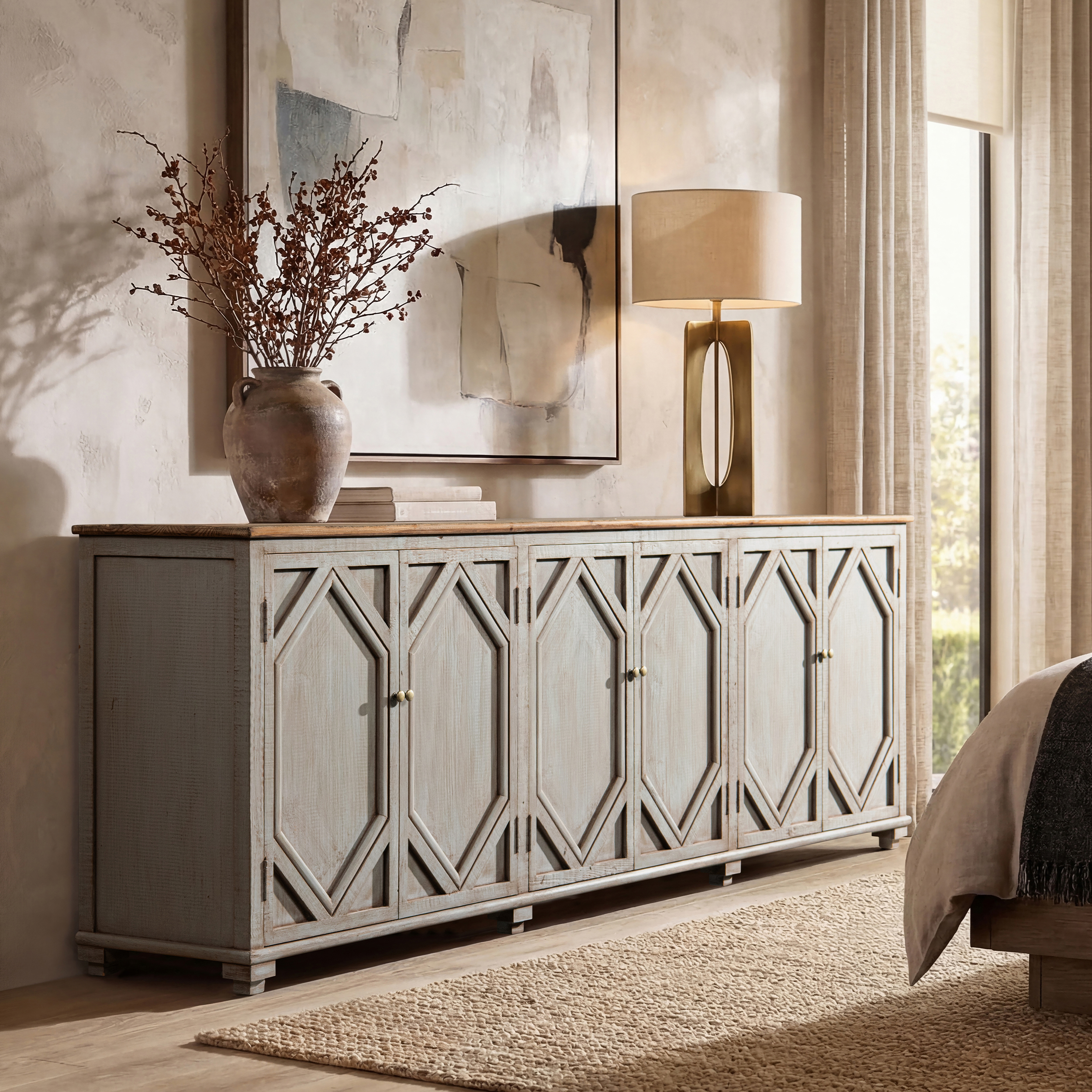 Colette Extra Wide Reclaimed Pine Wood 6-Door Cabinet Sideboard, Antique Natural Brown & Antique Blue-Grey