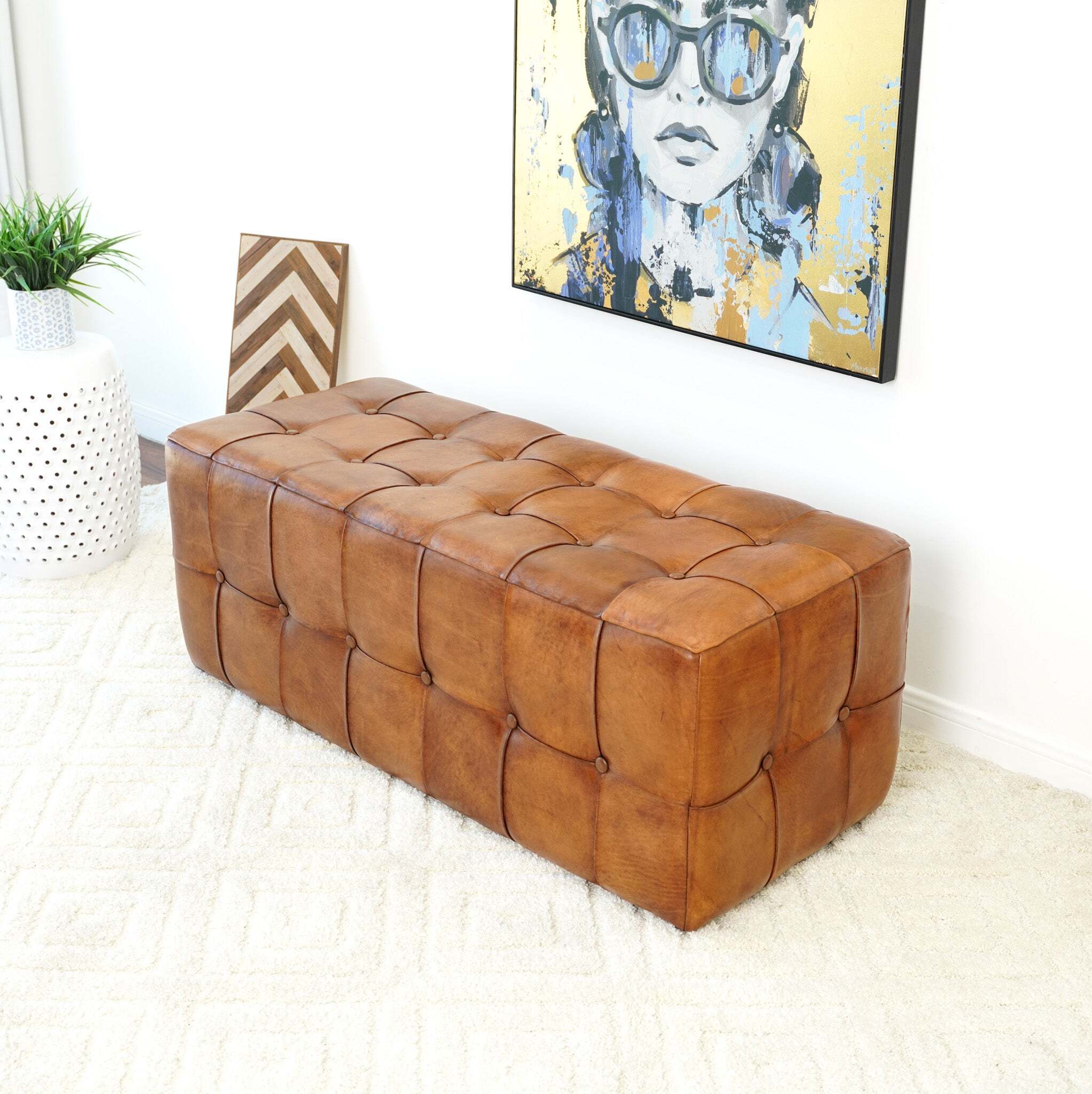 Winslow Genuine Leather Tufted Bench with Teak Wood Frame