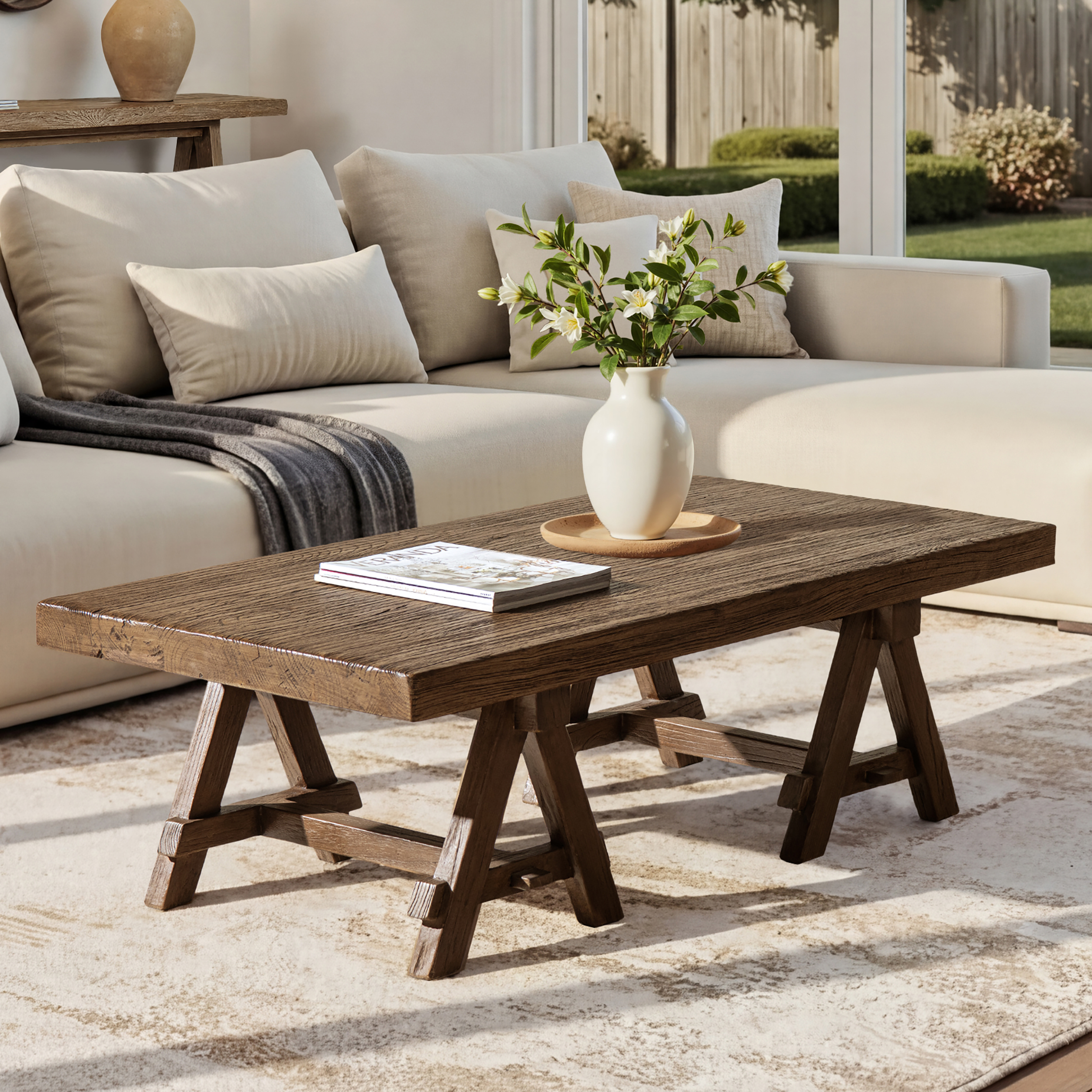 Hawthorne Solid Reclaimed Elm Rectangular Trestle Coffee Table