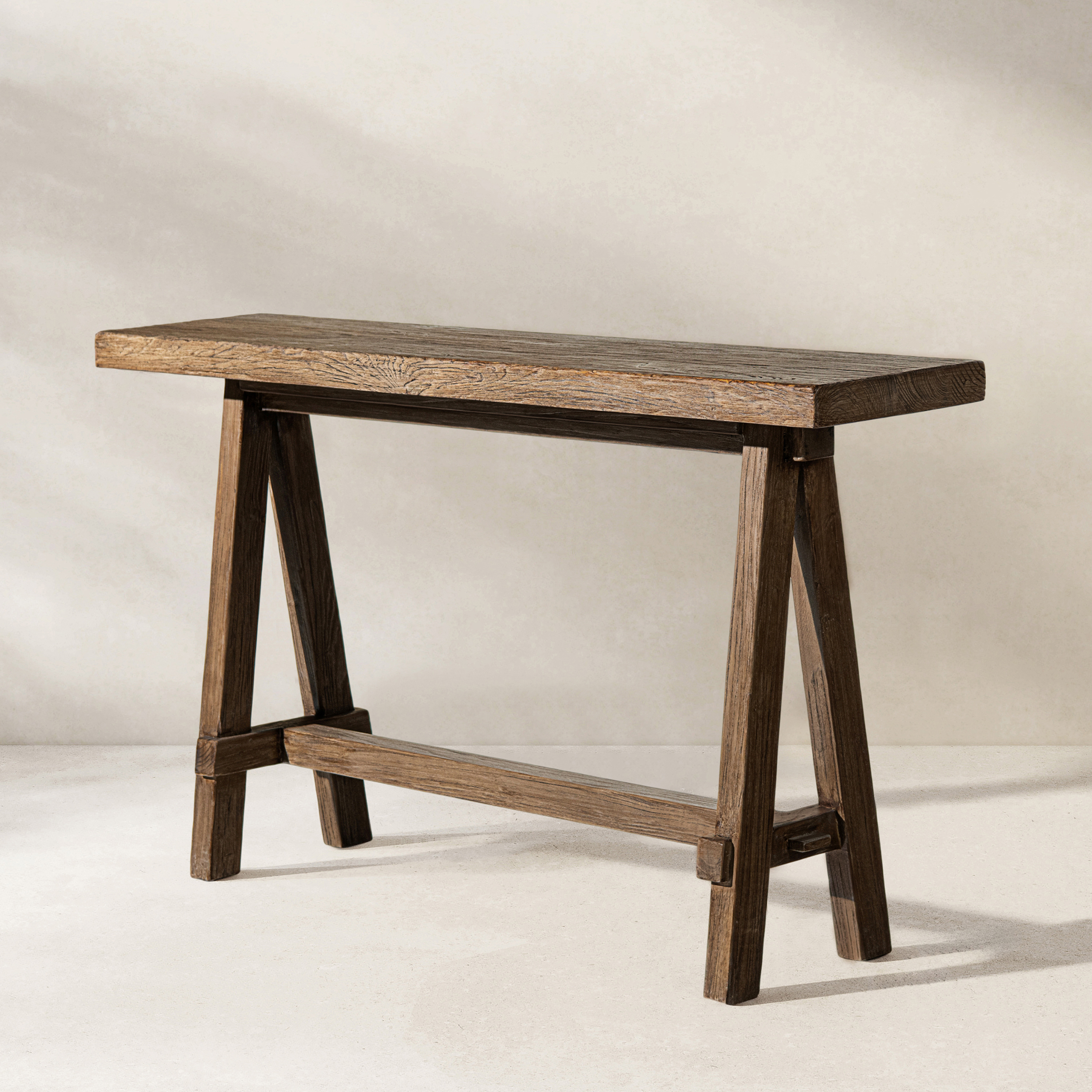 Hawthorne Solid Reclaimed Elm Trestle Console Table, Heritage Medium-Dark Brown