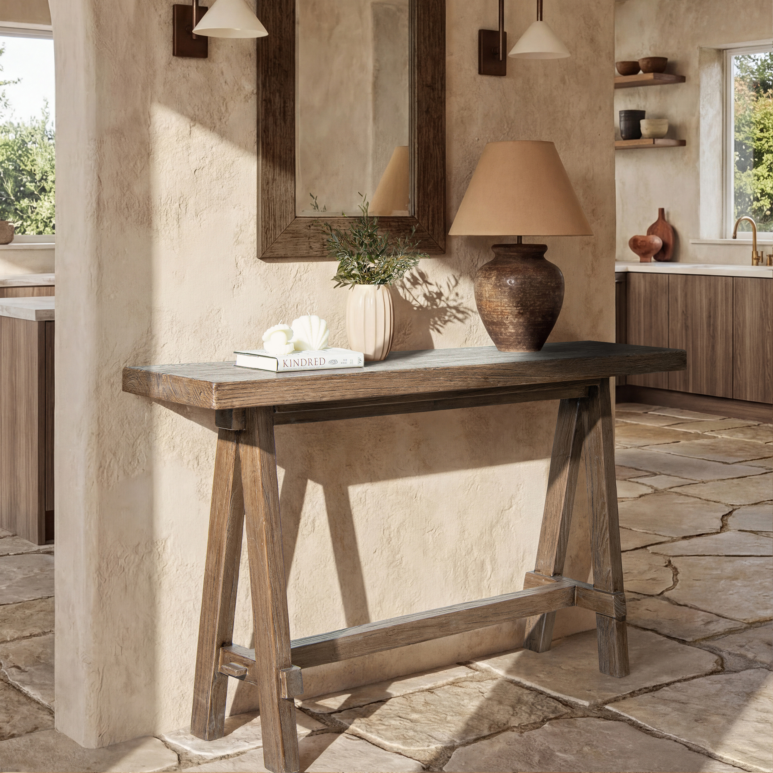 Hawthorne Solid Reclaimed Elm Trestle Console Table, Heritage Medium-Dark Brown