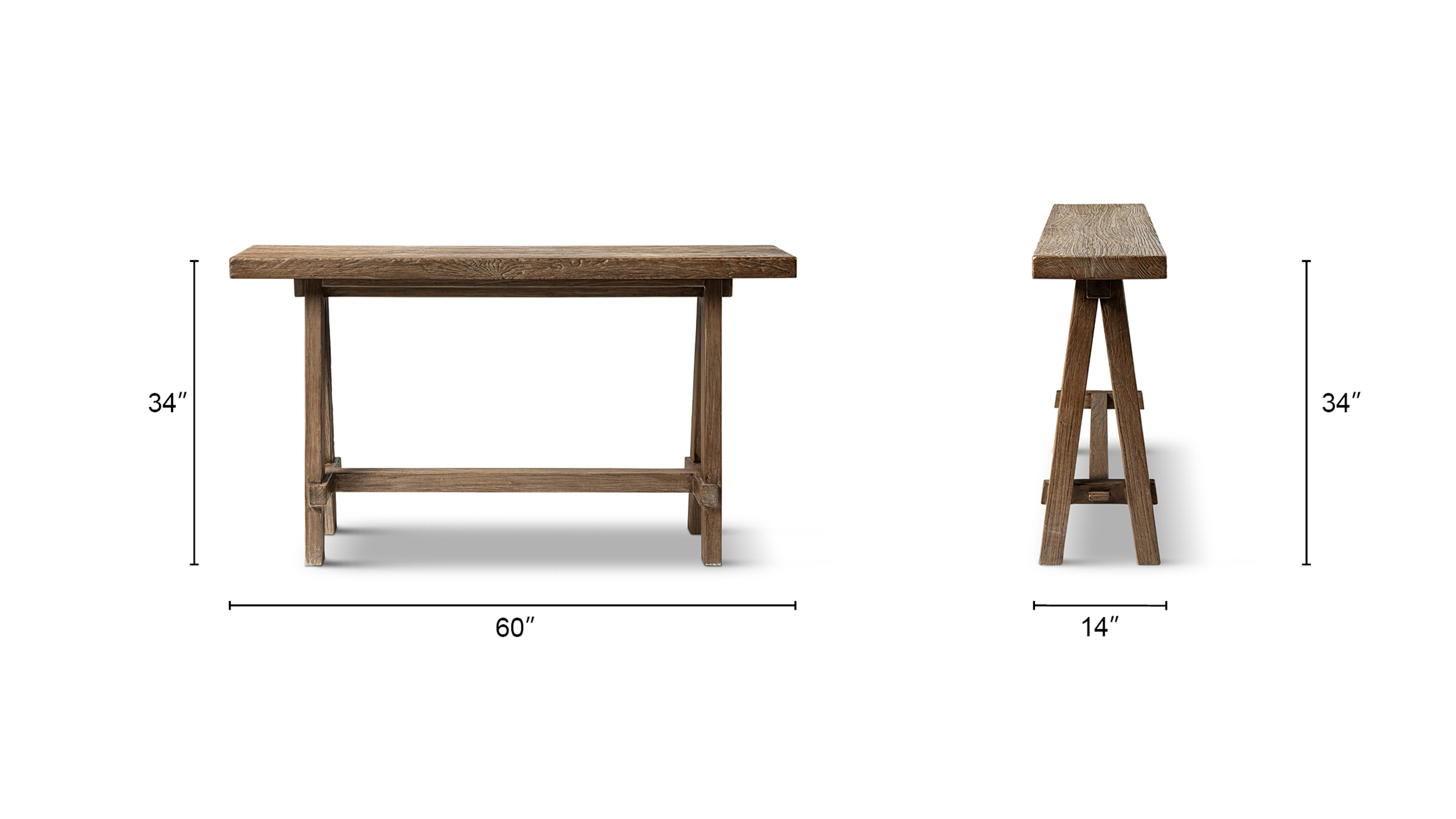 Hawthorne Solid Reclaimed Elm Trestle Console Table, Heritage Medium-Dark Brown