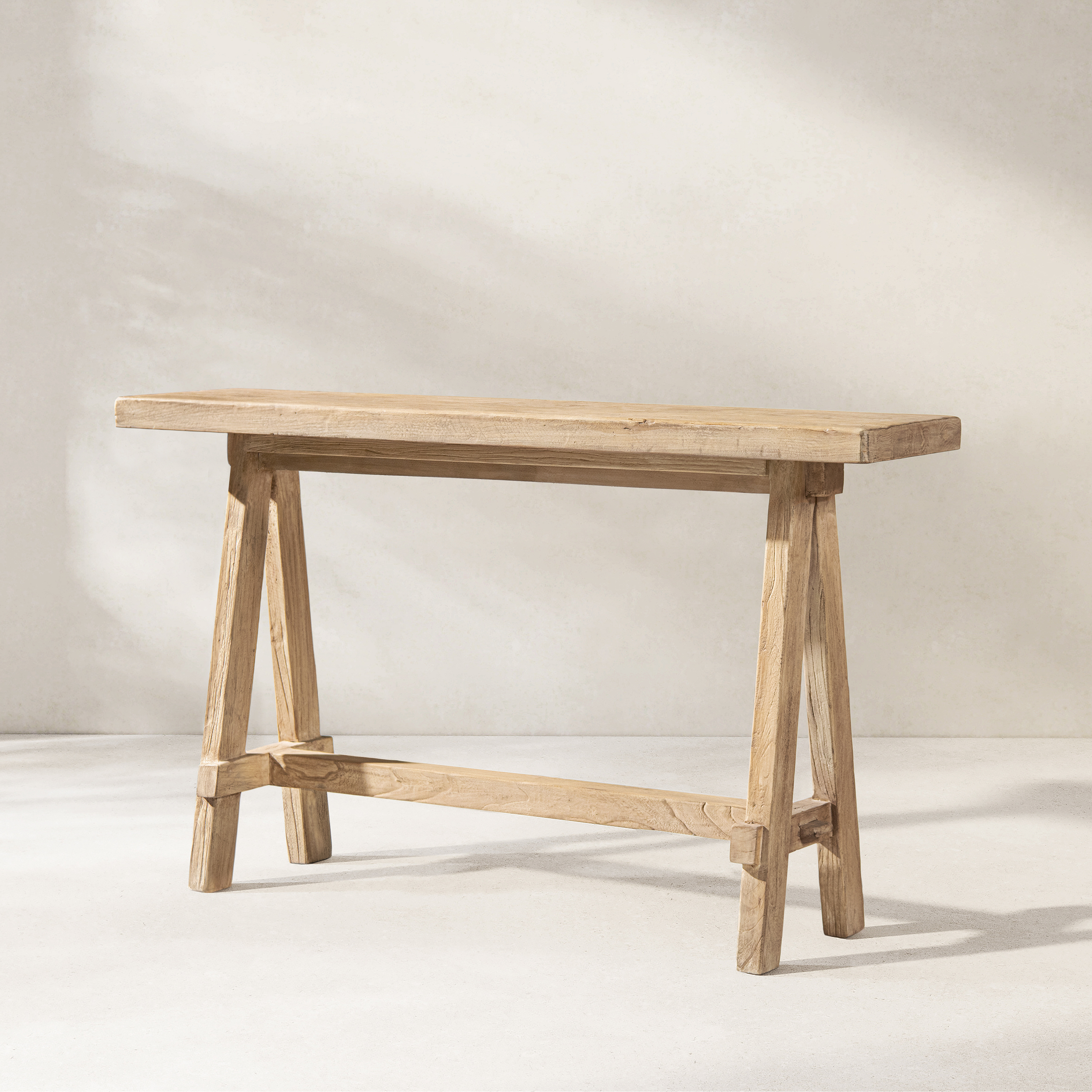 Hawthorne Solid Reclaimed Elm Trestle Console Table, Heritage Light Natural Brown