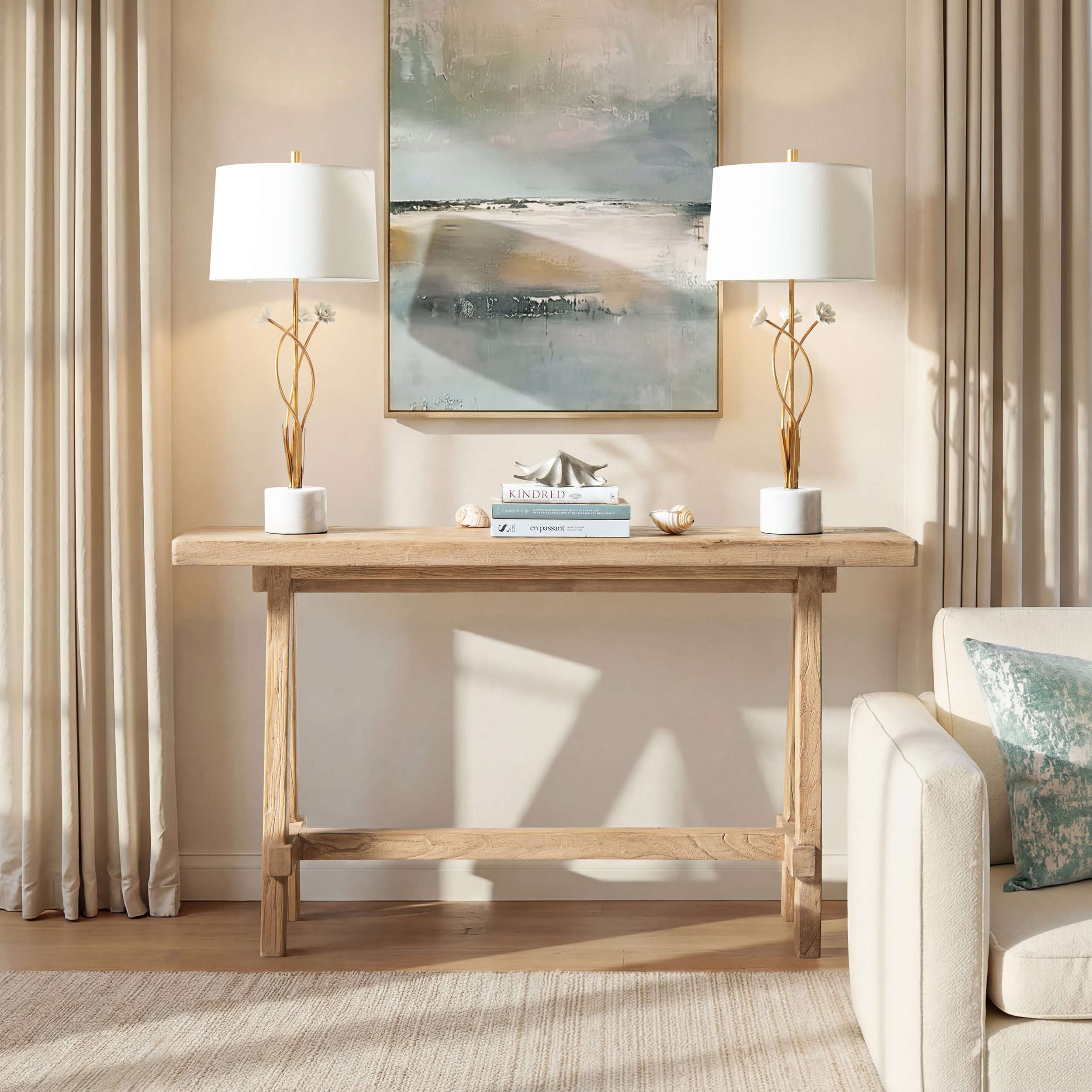 Hawthorne Solid Reclaimed Elm Trestle Console Table, Heritage Light Natural Brown