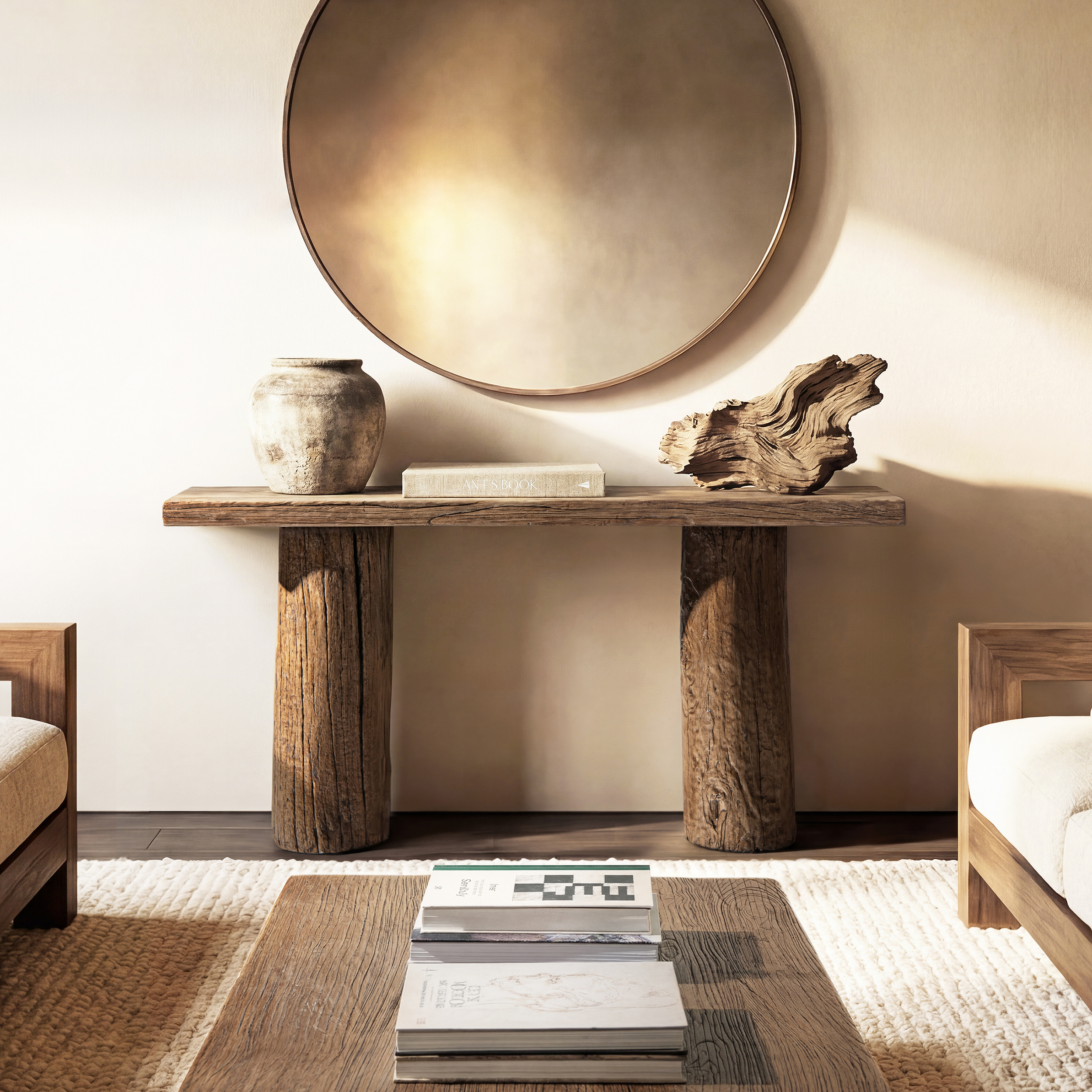 Arbor Reclaimed Elm Double Pillar Console Table, Heritage Medium-Dark Brown