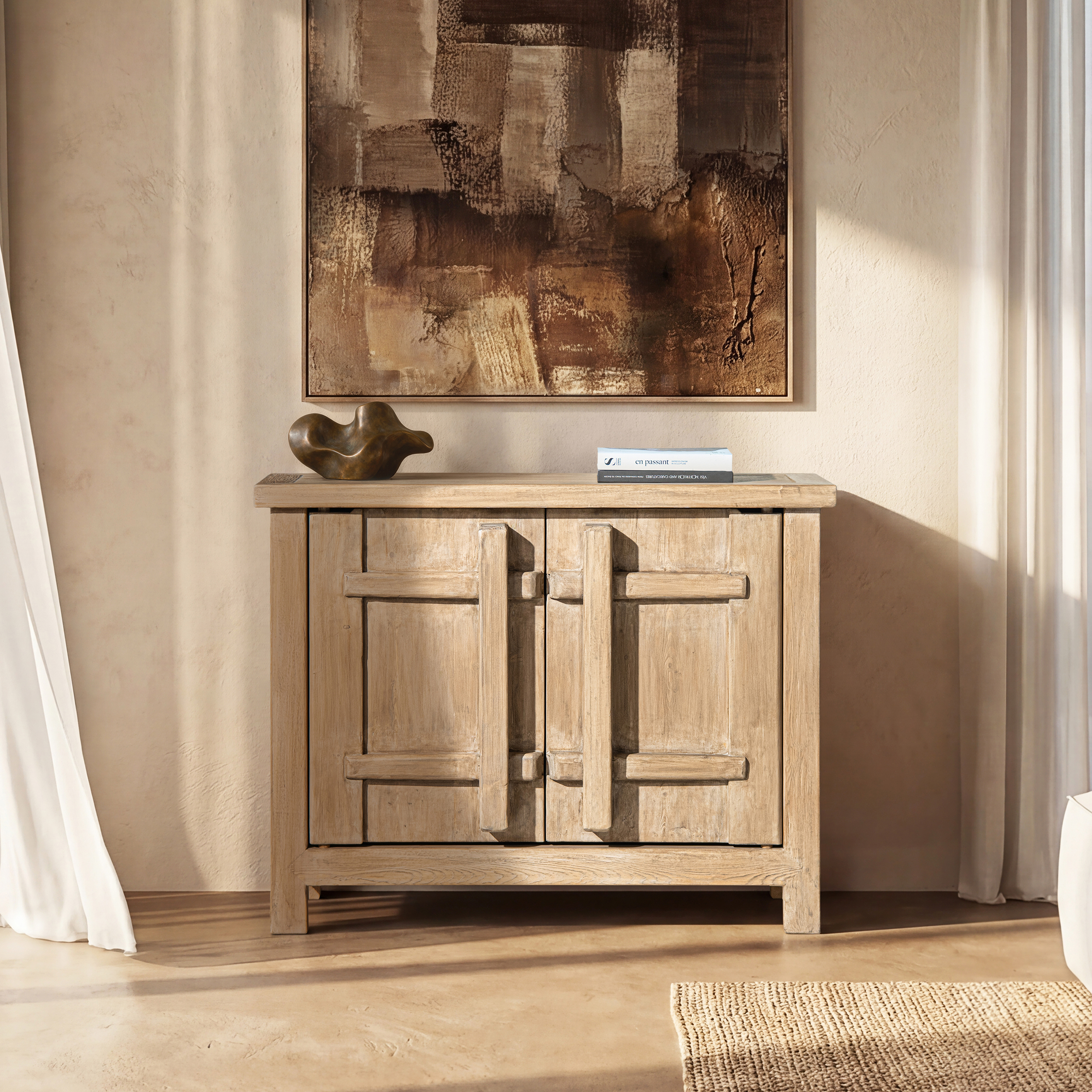 Rowan Solid Reclaimed Elm 2-Door Crossbar Accent Storage Cabinet, Heritage Light Natural Brown