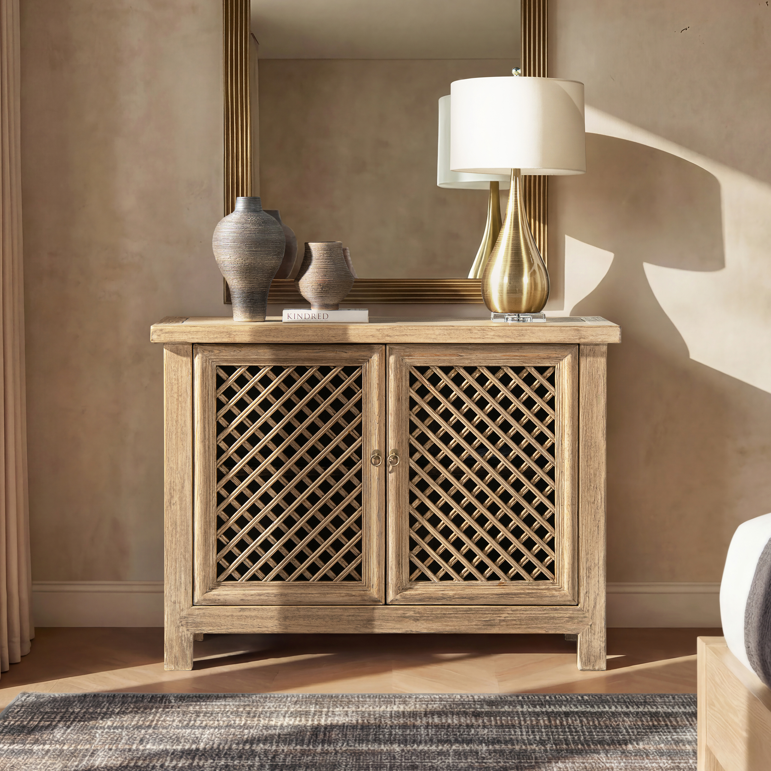 Arden Solid Reclaimed Elm Lattice 2-Door Accent Storage Cabinet, Heritage Light Natural Brown