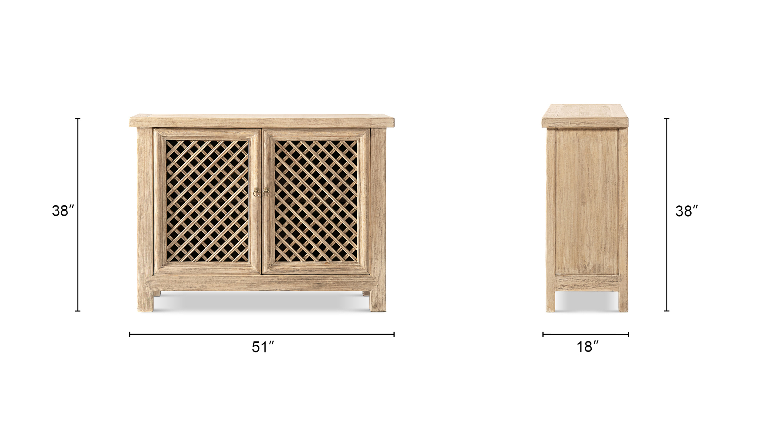 Arden Solid Reclaimed Elm Lattice 2-Door Accent Storage Cabinet, Heritage Light Natural Brown