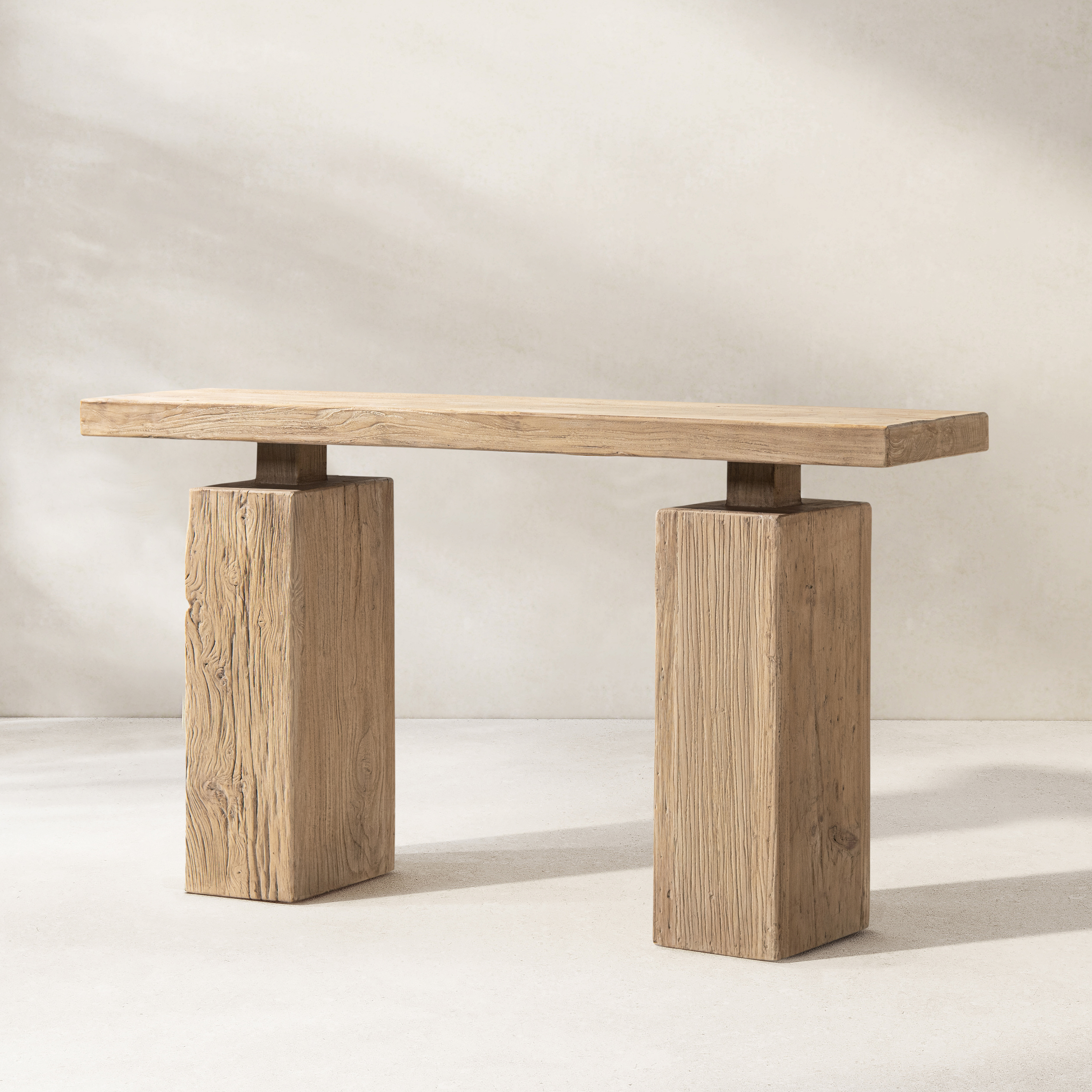 Calder Solid Reclaimed Elm Plinth Console Table, Heritage Light Natural Brown