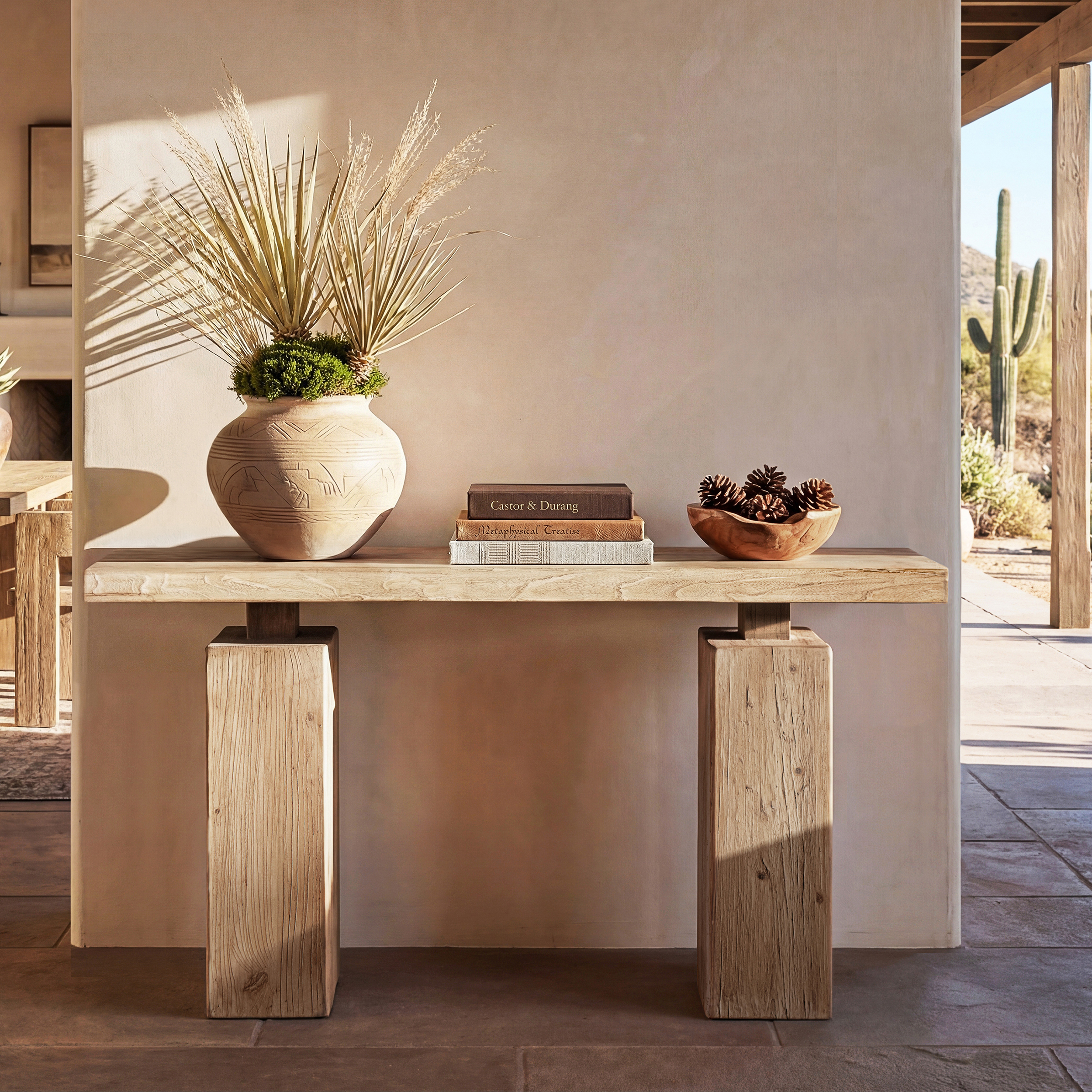 Calder Solid Reclaimed Elm Plinth Console Table, Heritage Light Natural Brown