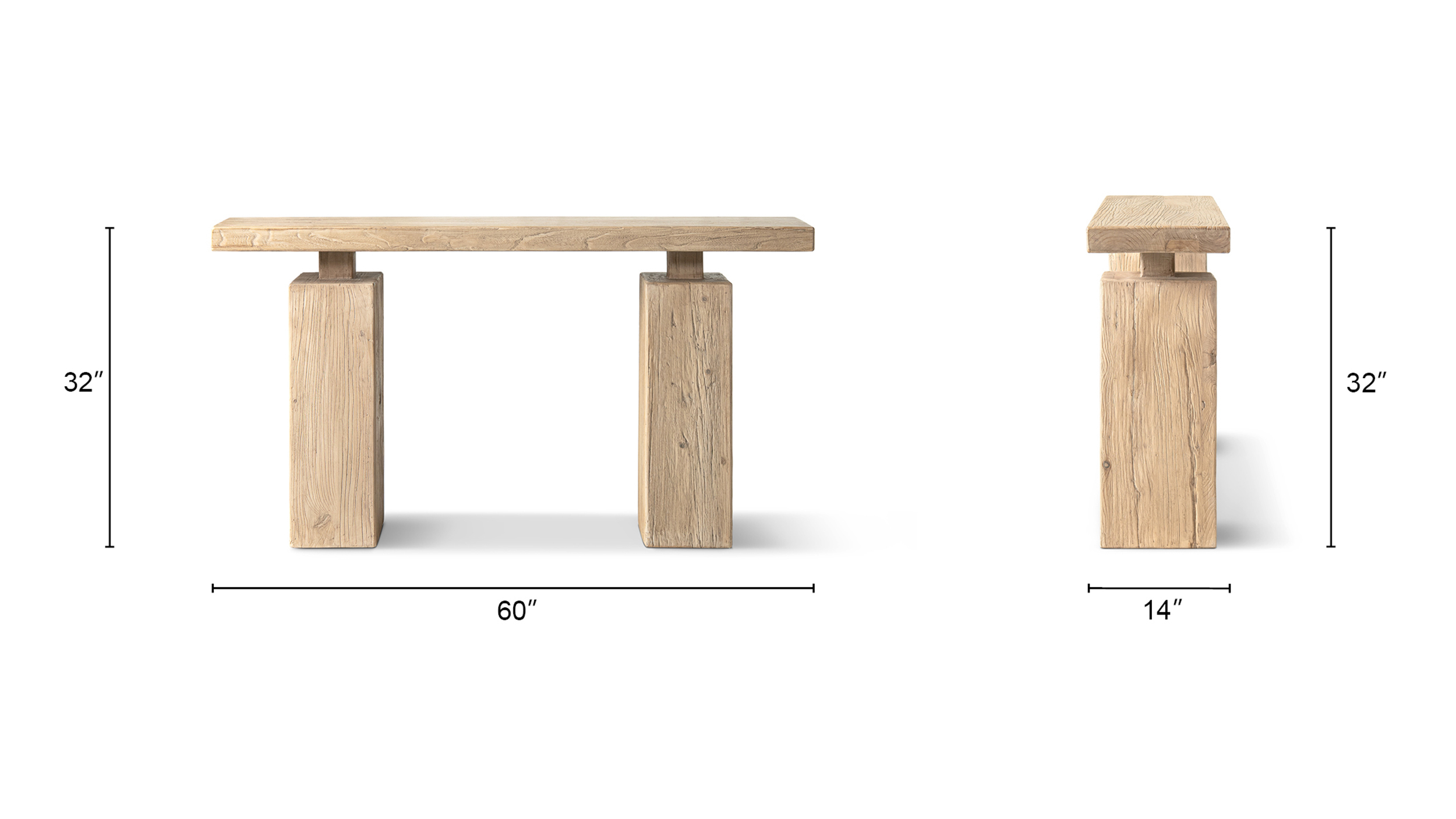 Calder Solid Reclaimed Elm Plinth Console Table, Heritage Light Natural Brown