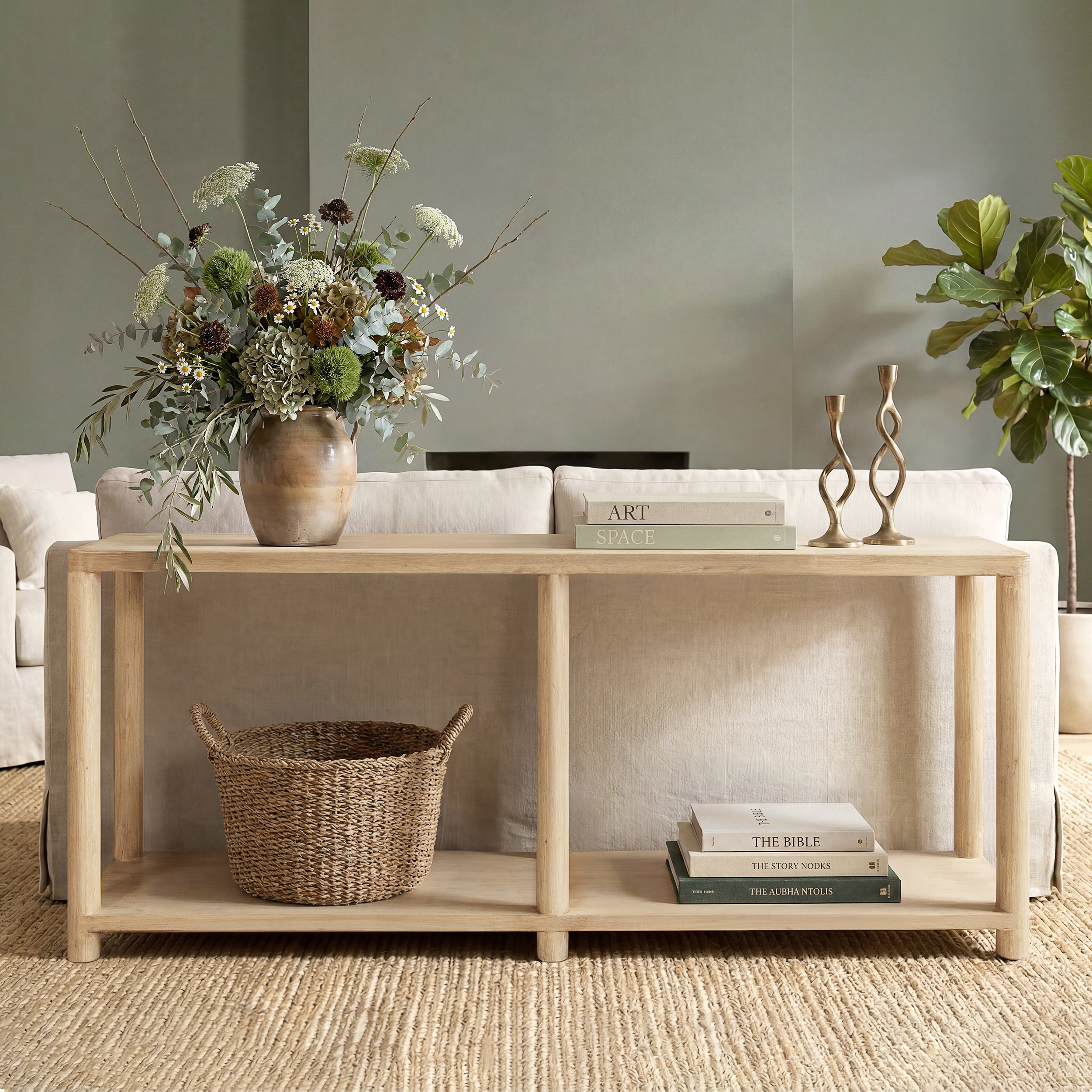 Milo Reclaimed Pine Wood Console Table with Lower Shelf, Light Natural Cerused