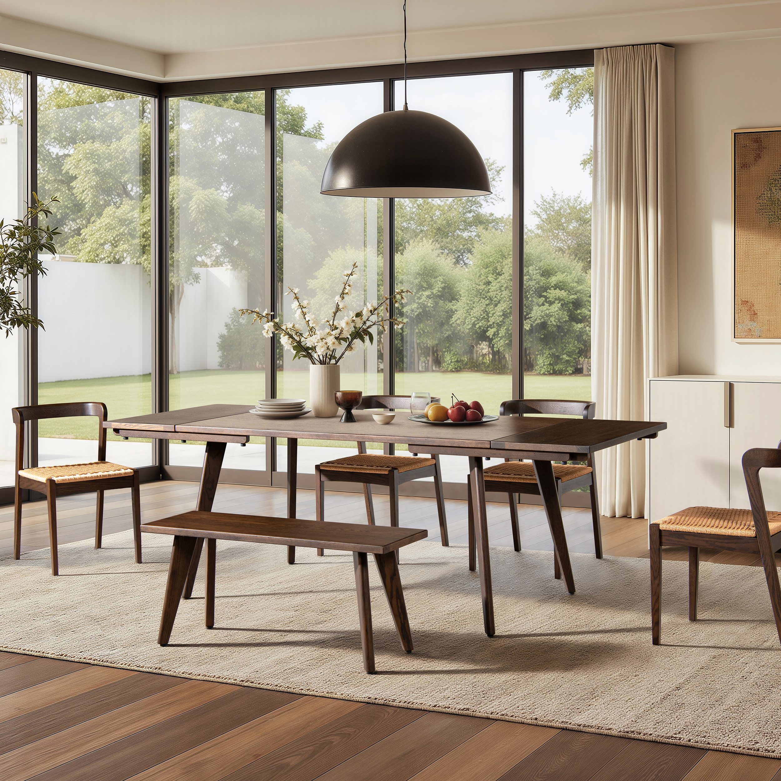 Capri Solid Oak Wood 6-8 Seat Extendable Leaf Dining Table, Dark Brown