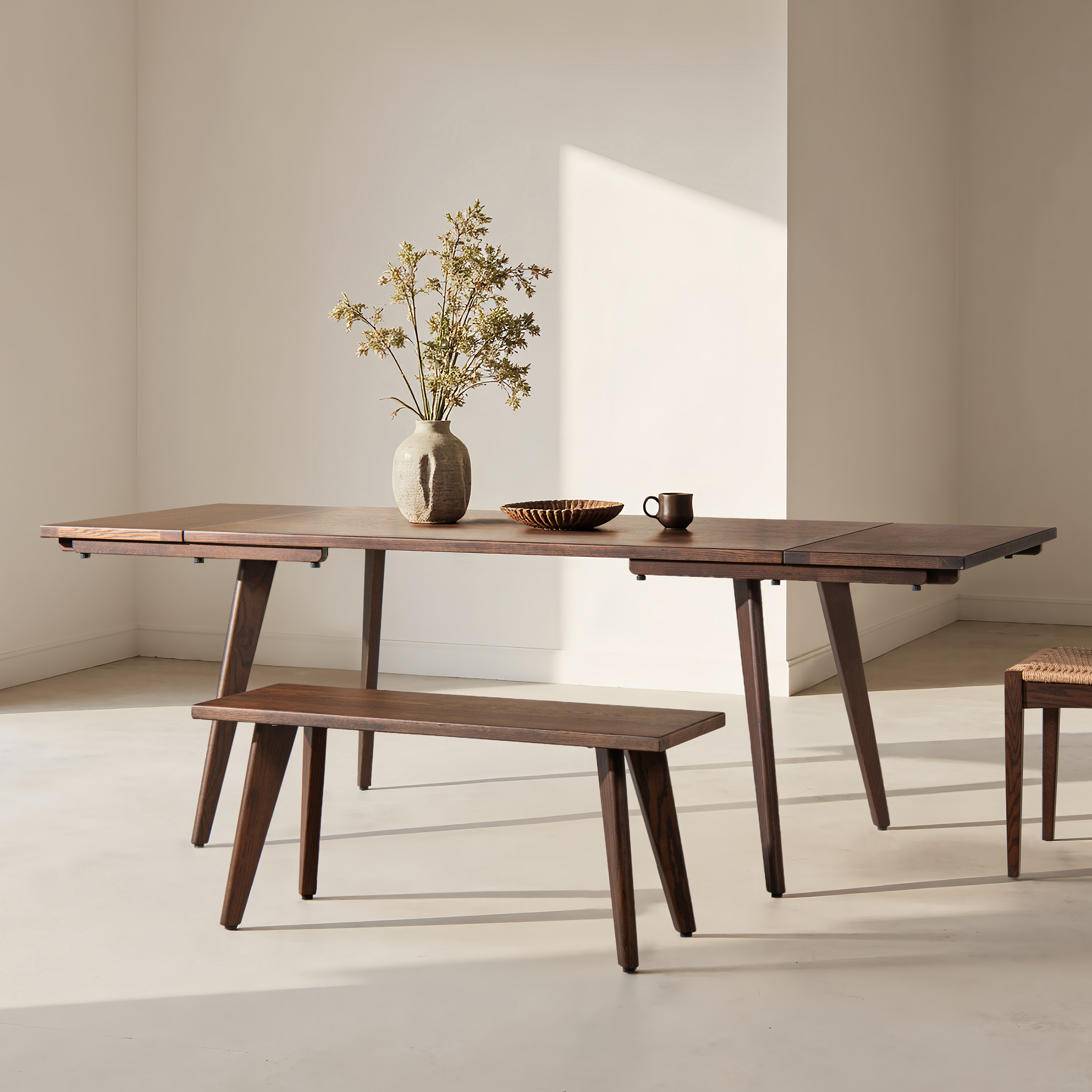 Capri Solid Oak Wood 6-8 Seat Extendable Leaf Dining Table, Dark Brown