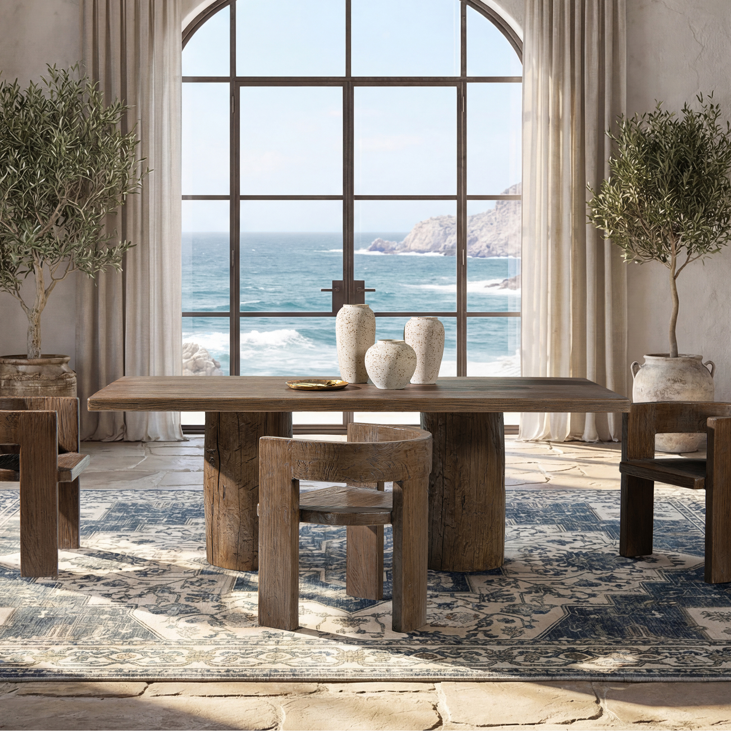 Arbor Solid Reclaimed Elm Double Pedestal 8-Person Dining Table, Heritage Medium-Dark Brown