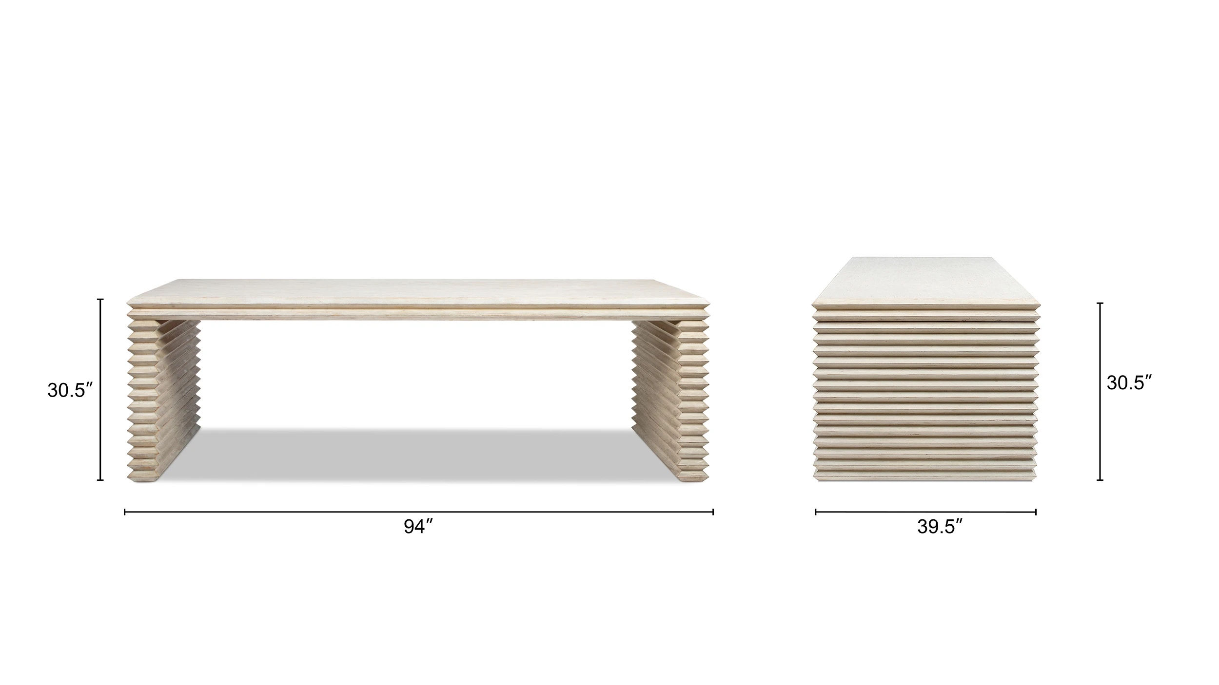 Veda 8-Seat Reclaimed Pine Wood Stacked Geometric Waterfall Dining Table, Whitewashed Natural