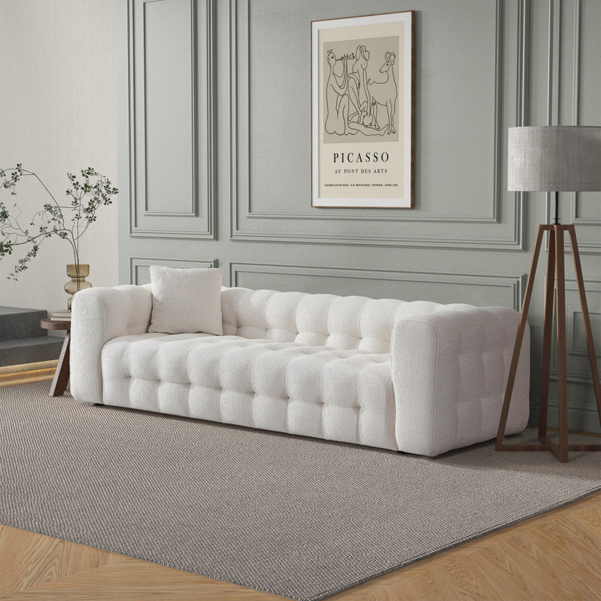Kiyo Tufted Boucle Sofa with Pillow, Cream White