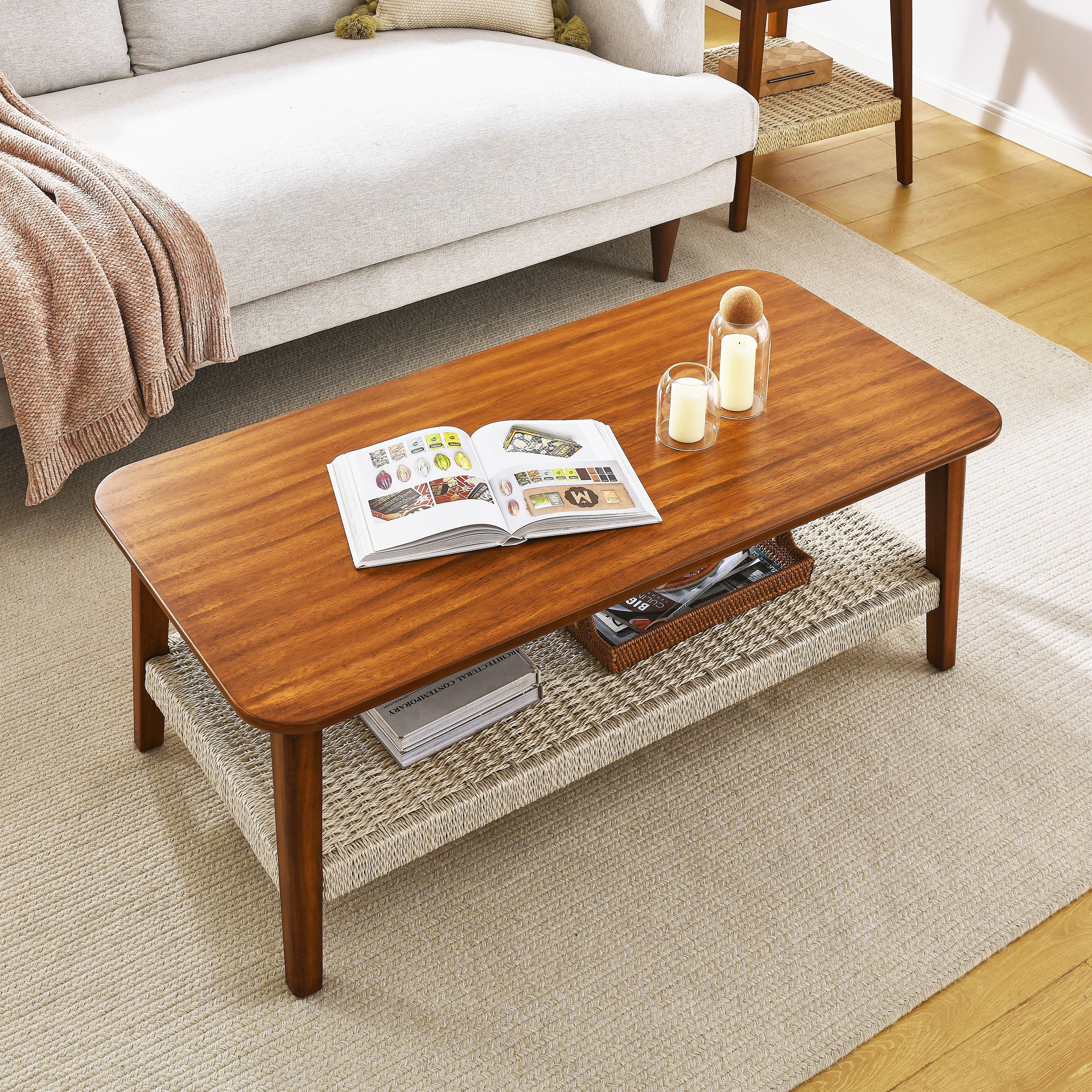Solea Coffee Table with Handwoven Rattan Shelf