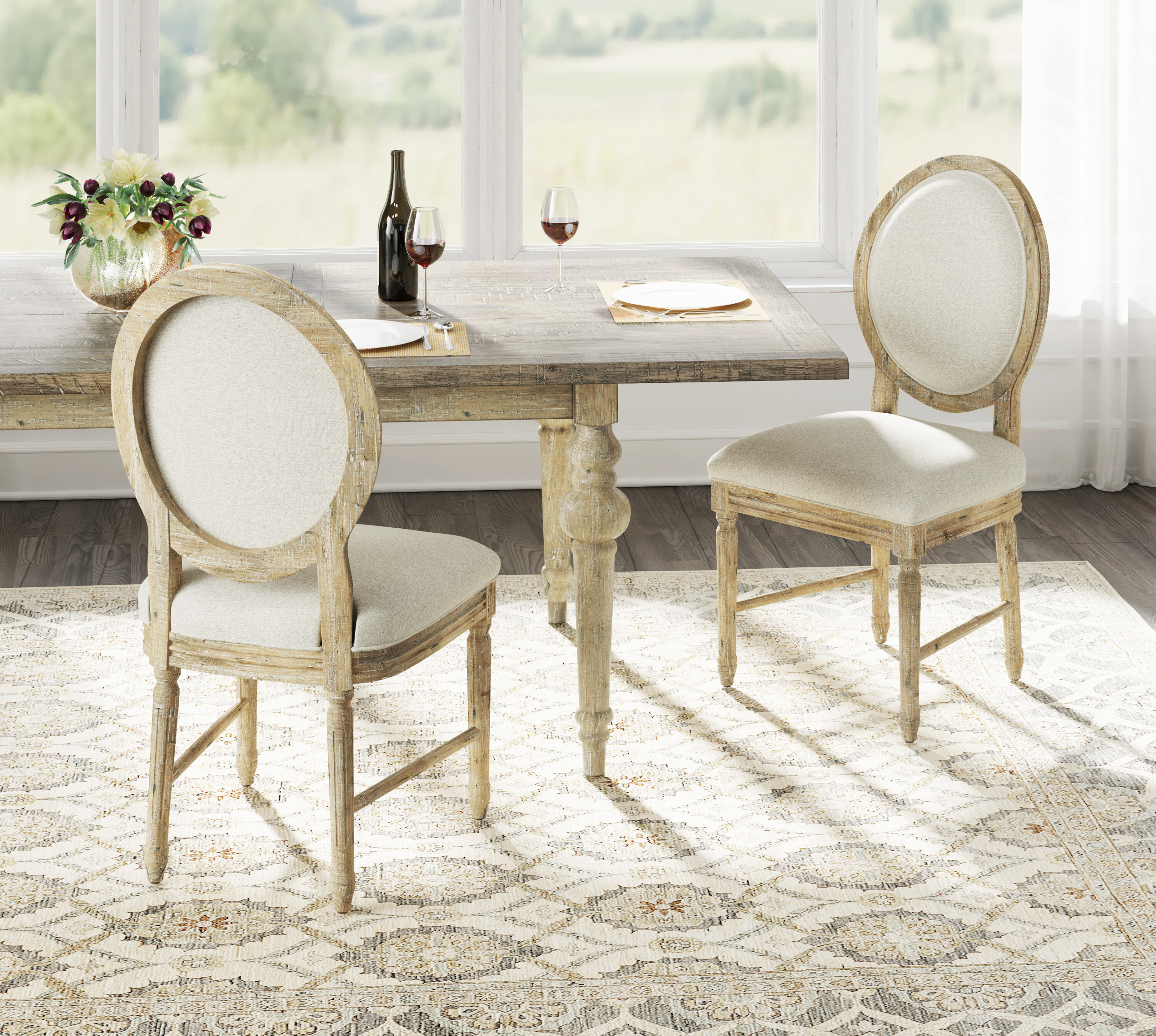 Dorset Upholstered Round Back Dining Chairs, Set of 2, Weathered Pine and Cream