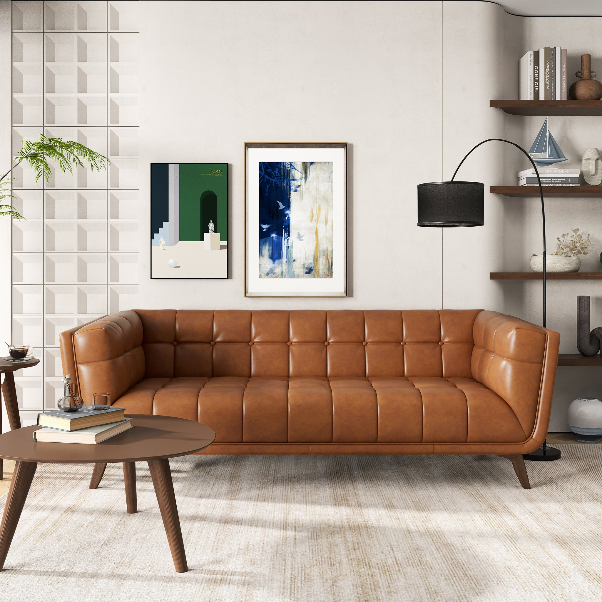 Crosden Mid-Century Modern Sofa in Genuine Leather, Cognac Tan