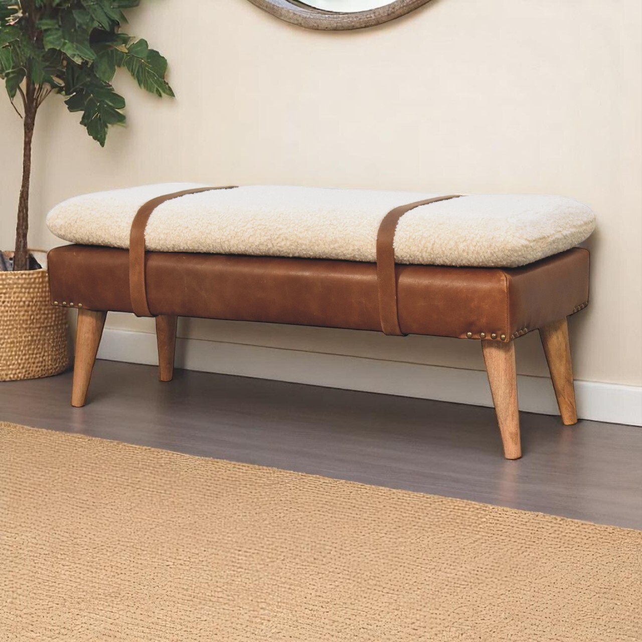 Asher Mid-Century Bench with Cotton Bouclé Cushion & Genuine Buffalo Leather Base
