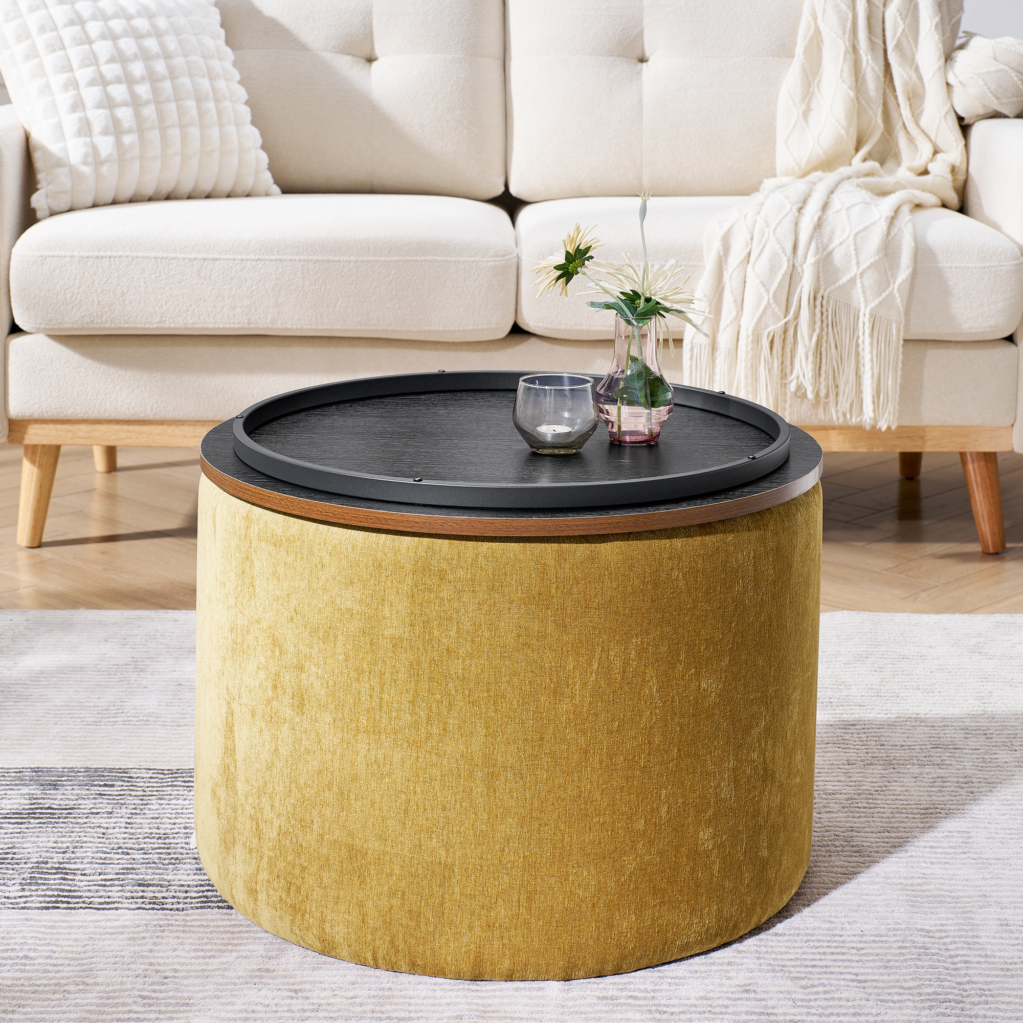 Felicity 2-Piece Chenille Round Storage Ottoman Set with Stool and Wood Tray Top, Chenille Dark Yellow