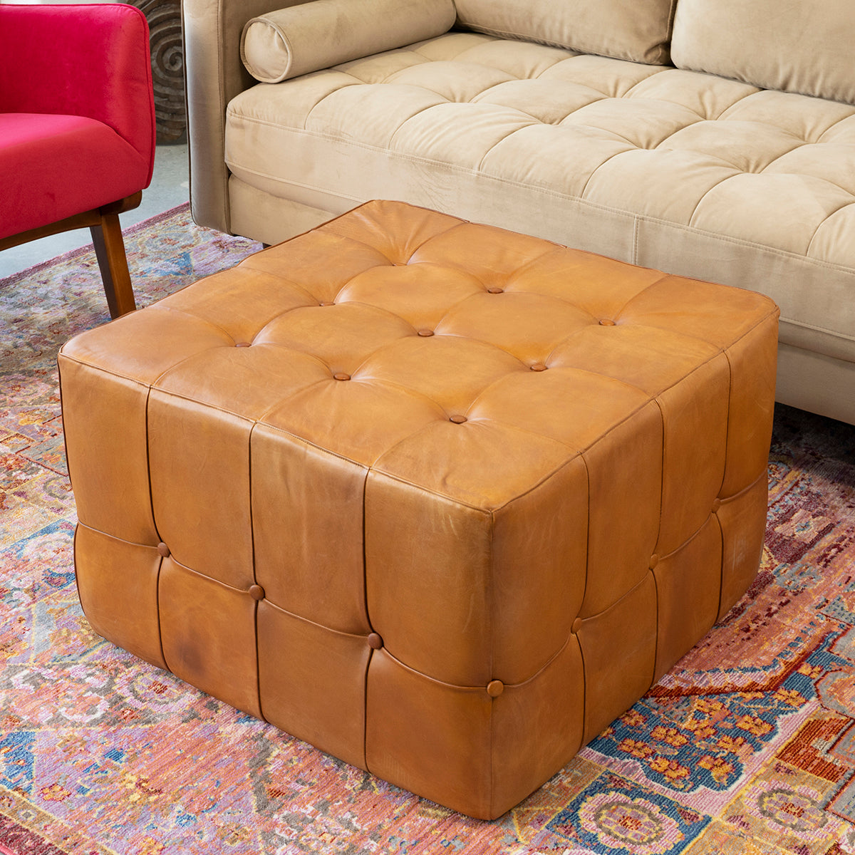 Winslow Tufted Cube Ottoman in Genuine Leather, Saddle Brown