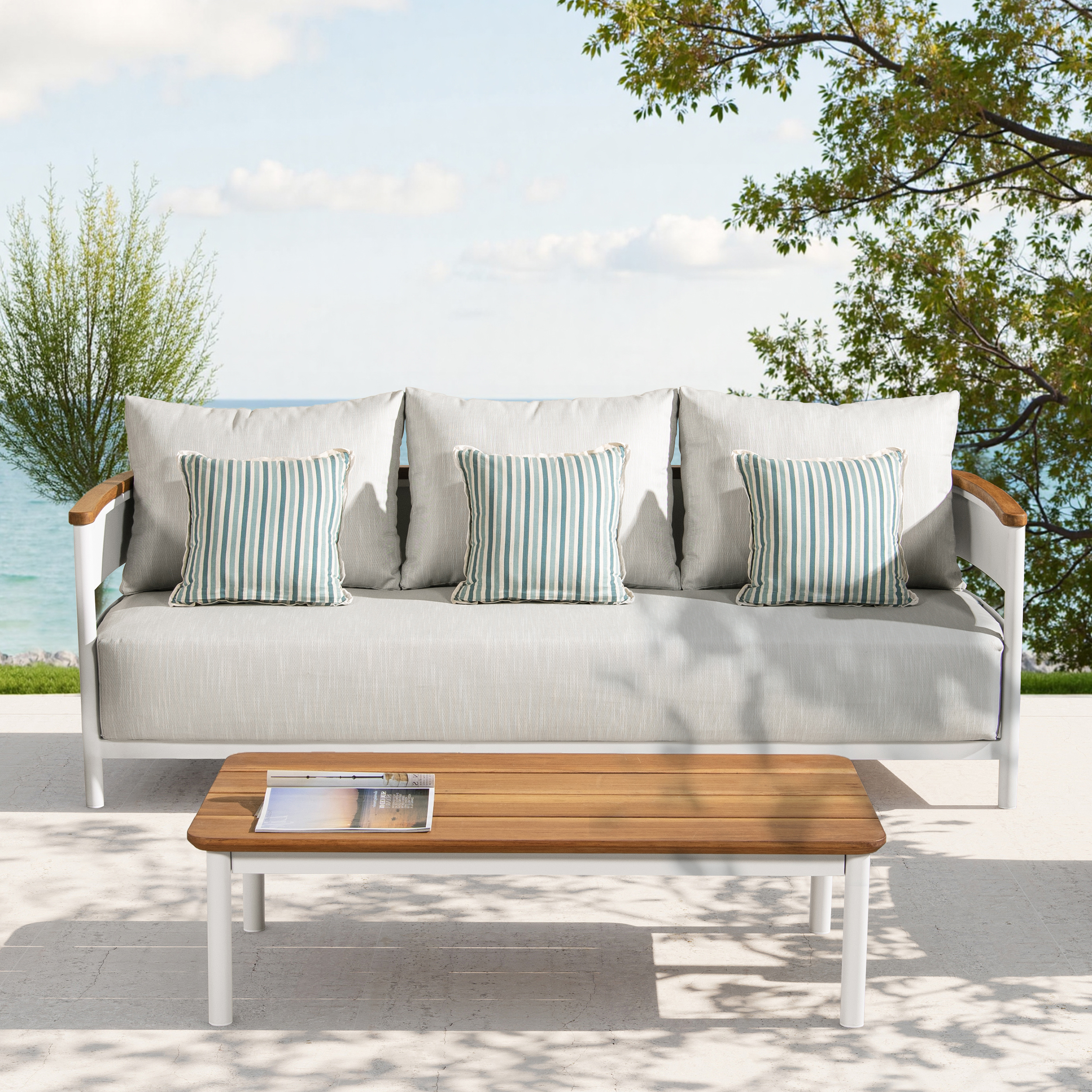 Rhodes 2pc Upholstered Teak & Aluminum Outdoor Sofa and Coffee Table Patio Set