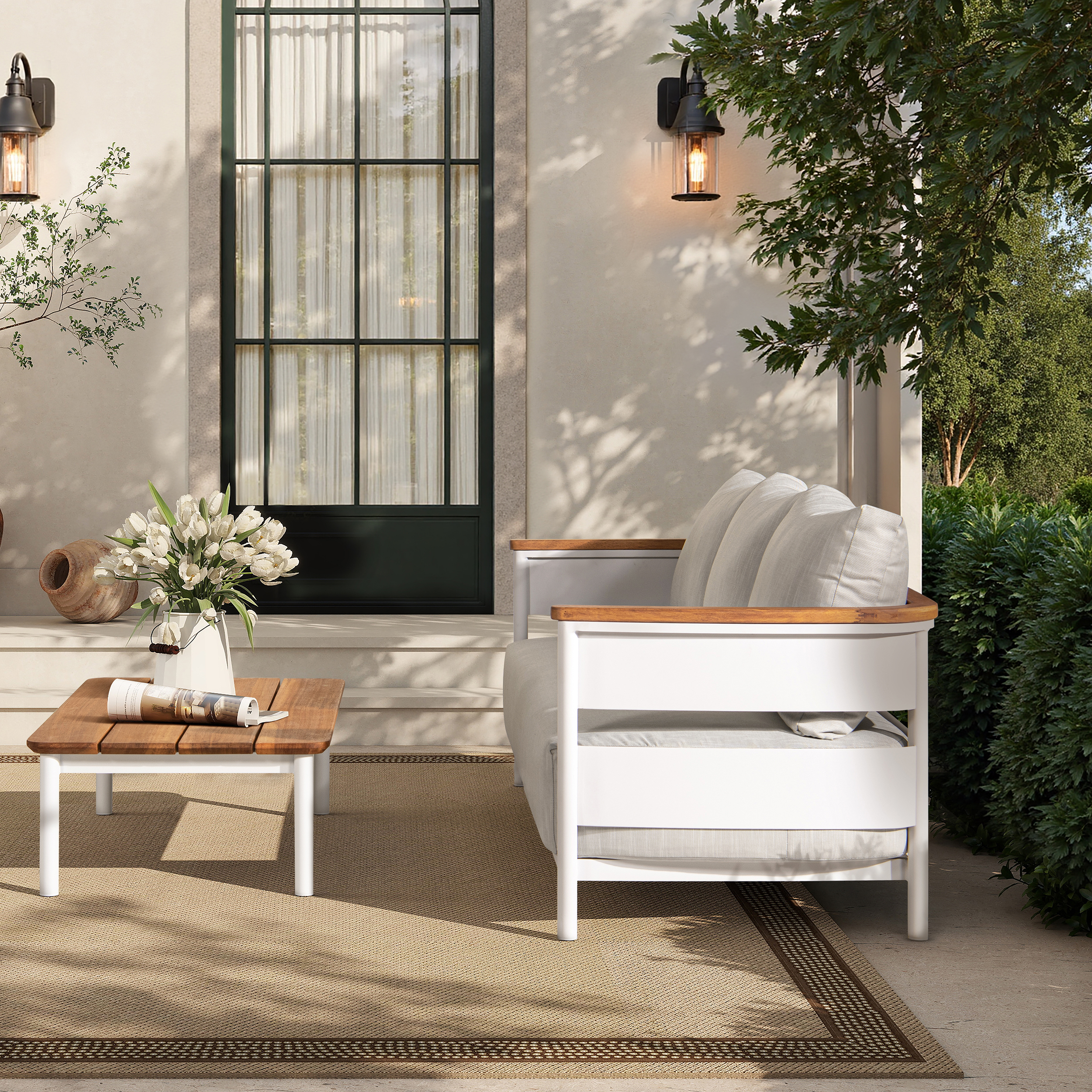 Rhodes 2pc Upholstered Teak & Aluminum Outdoor Sofa and Coffee Table Patio Set