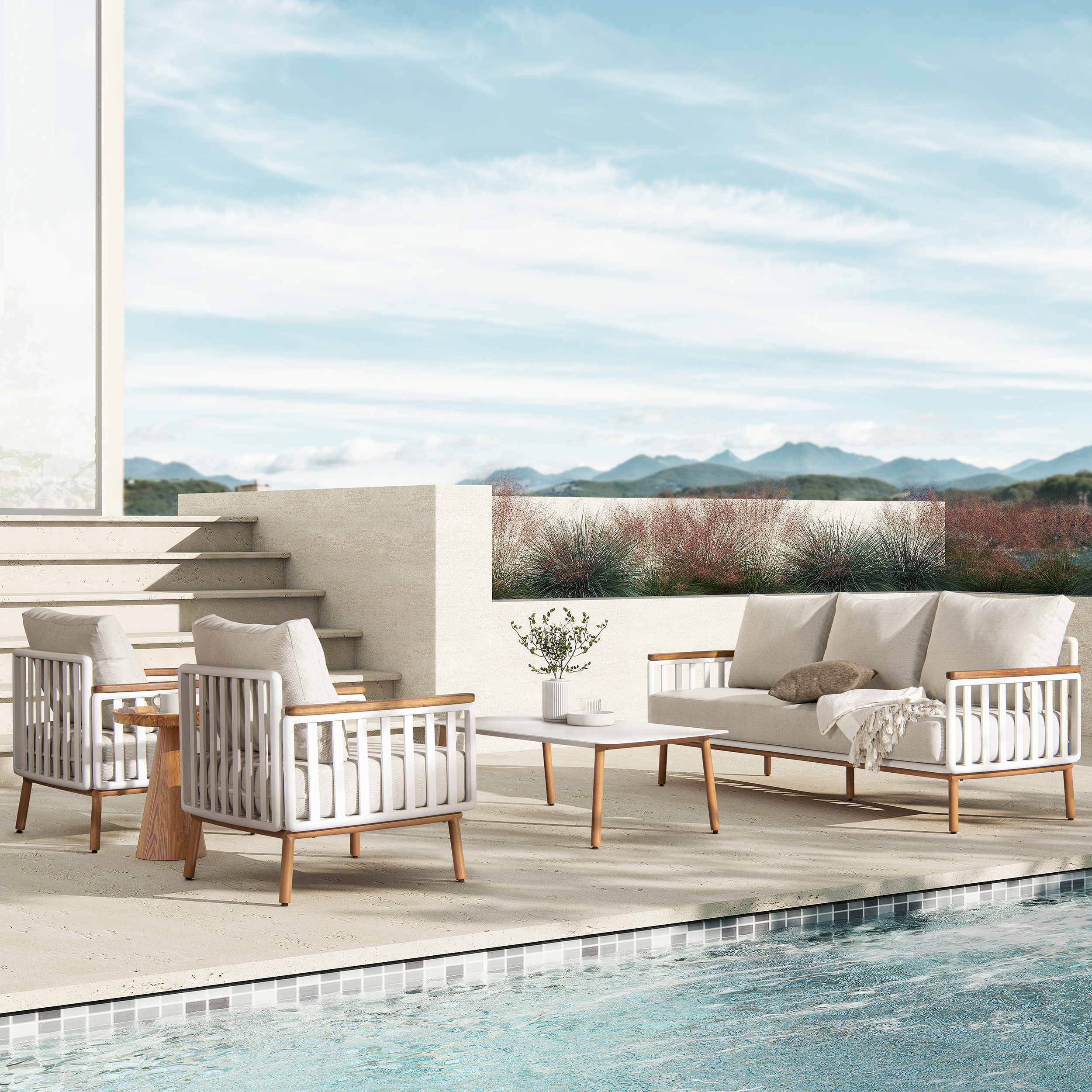 Calarono 2pc Teak & Aluminium Outdoor Sofa and Coffee Table Patio Set