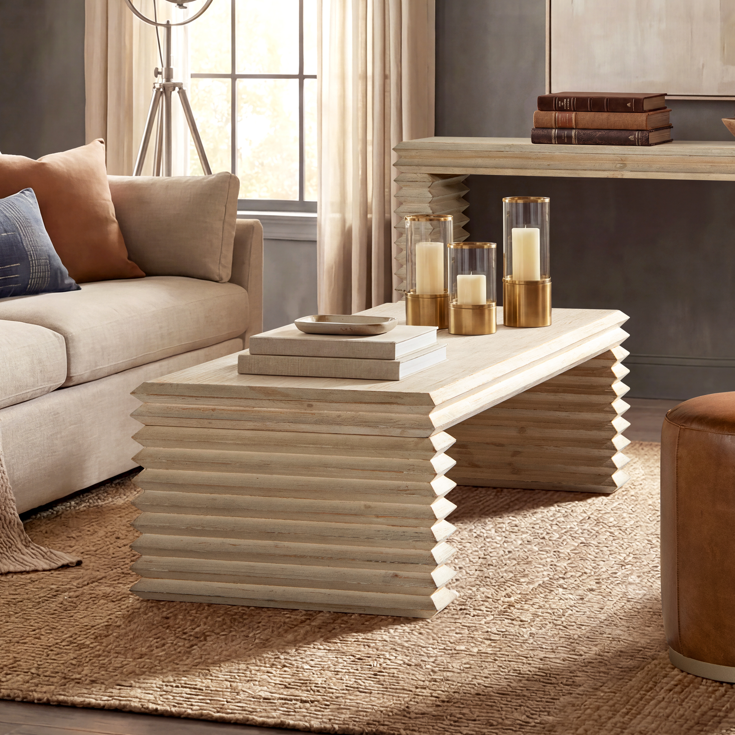 Veda Reclaimed Pine Wood Stacked Geometric Waterfall Coffee Table, Whitewashed Natural