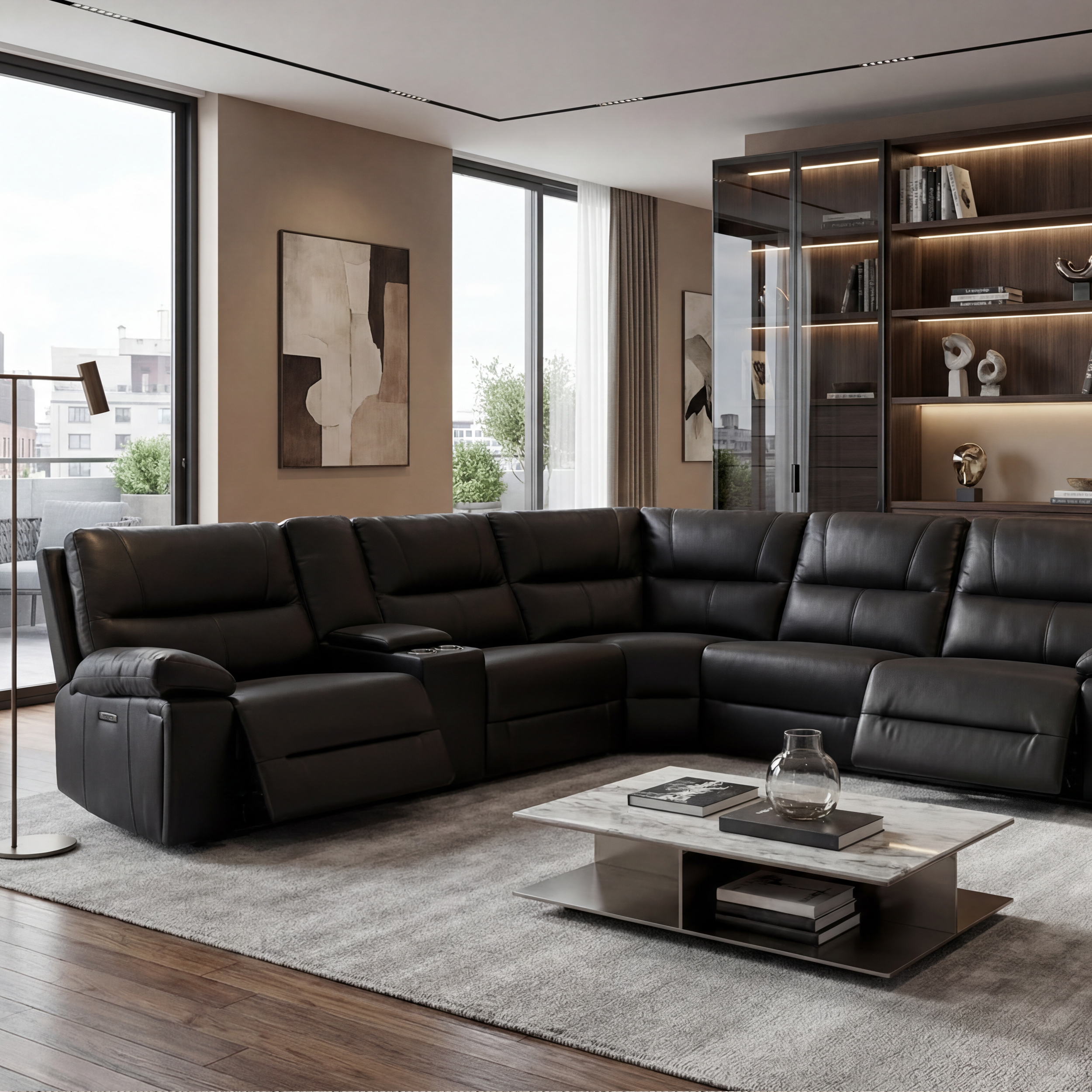 Malibu Modern Power Motion 6-Piece Reclining Corner Sectional with Cup Holders, Coal Black