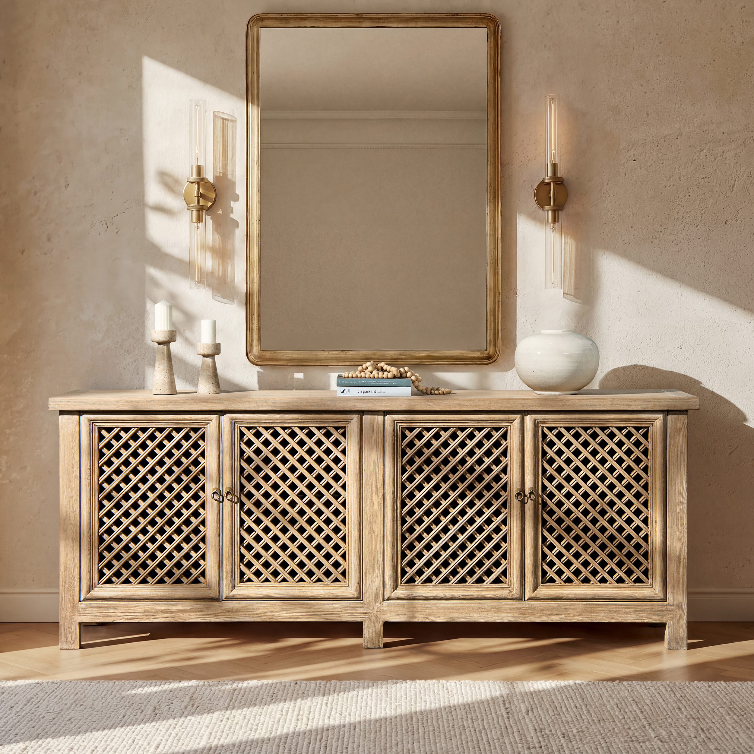 Arden Extra Long 4-Door Reclaimed Elm Lattice Front Sideboard, Heritage Light Natural Brown
