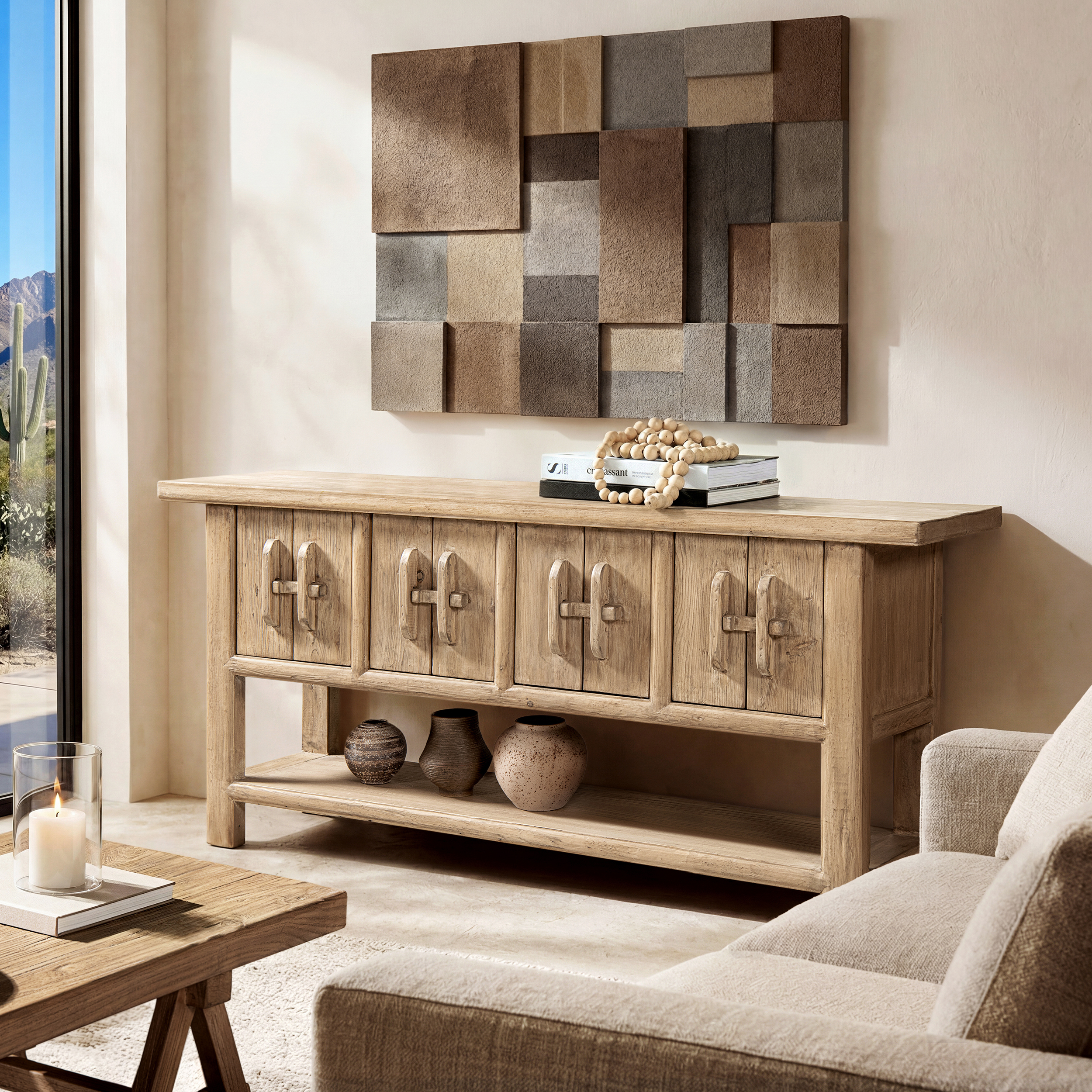 Rowan Solid Reclaimed Elm Sideboard with Lower Shelf, Heritage Light Natural Brown