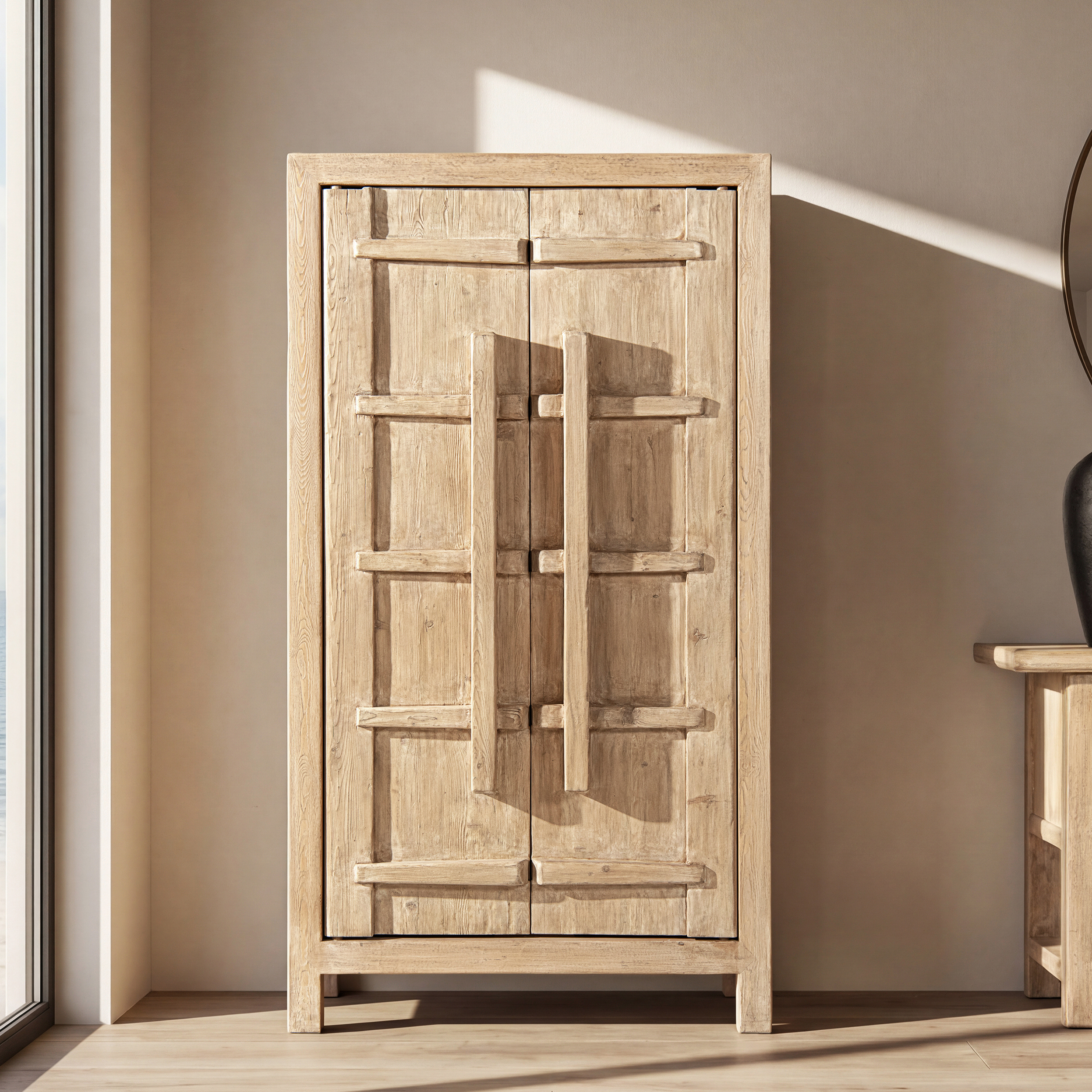 Rowan Tall Reclaimed Elm Crossbar Storage Cabinet with Double Doors, Heritage Light Natural Brown