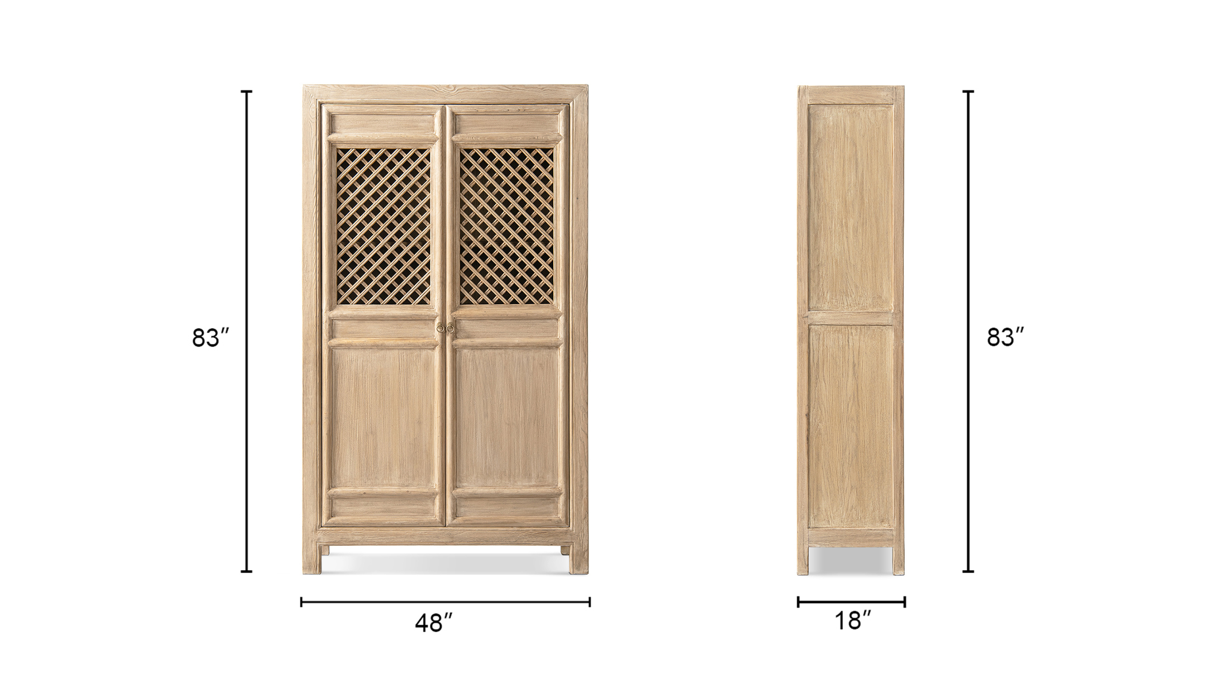 Arden Tall Solid Reclaimed Elm Lattice 2-Door Bookcase Storage Cabinet, Heritage Light Natural Brown