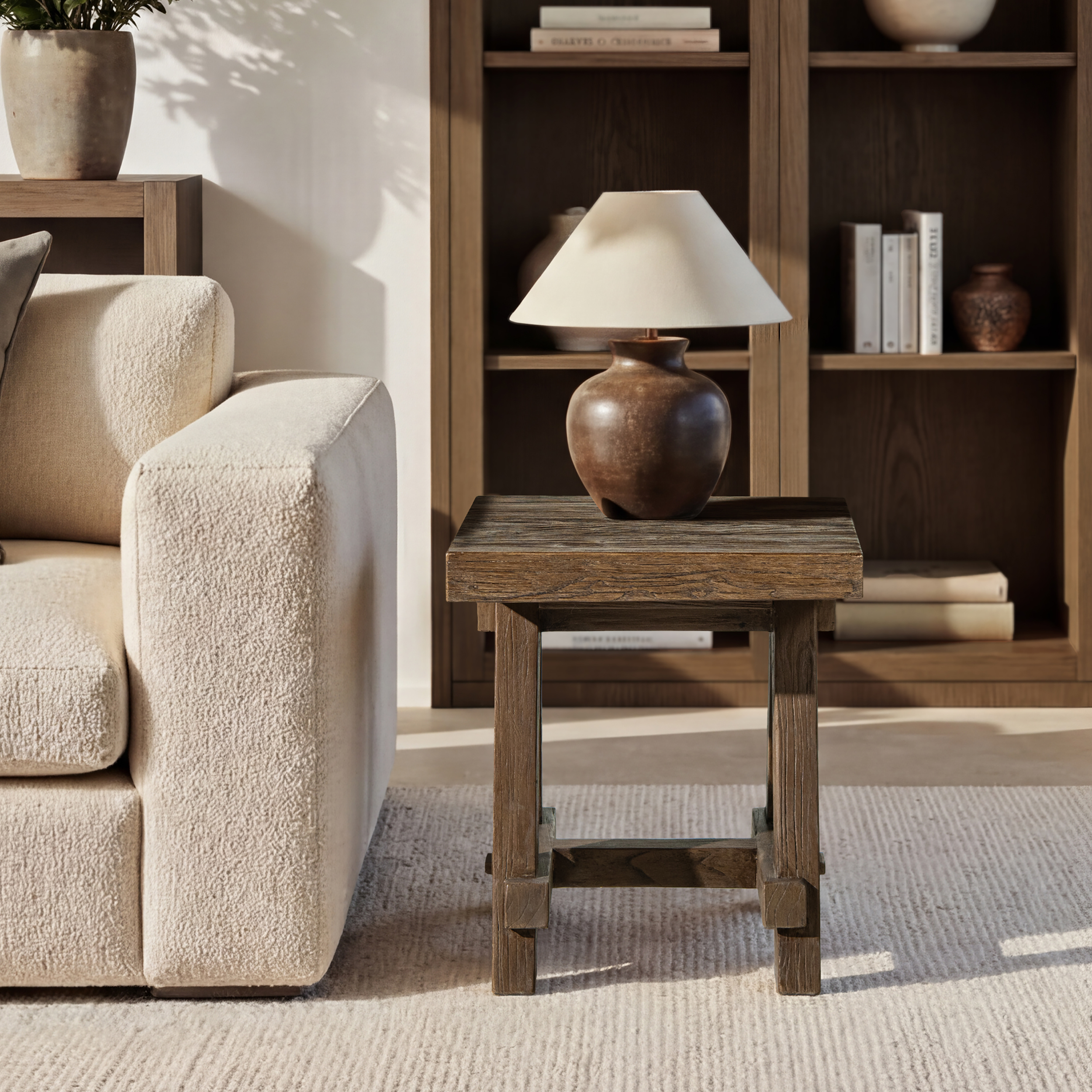 Hawthorne Square Reclaimed Elm Trestle Side Table, Heritage Medium-Dark Brown