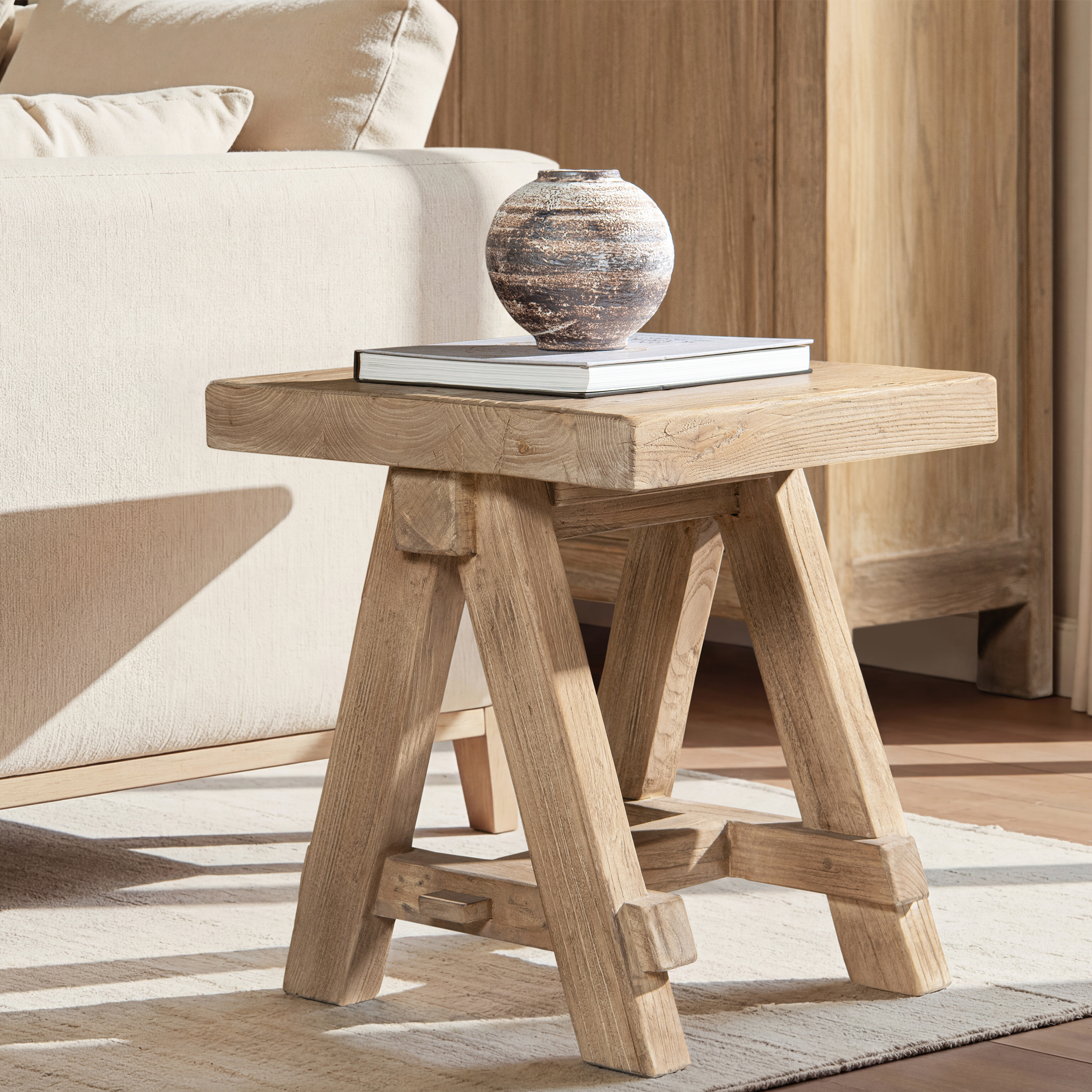 Hawthorne Square Reclaimed Elm Trestle Side Table, Heritage Light Natural Brown