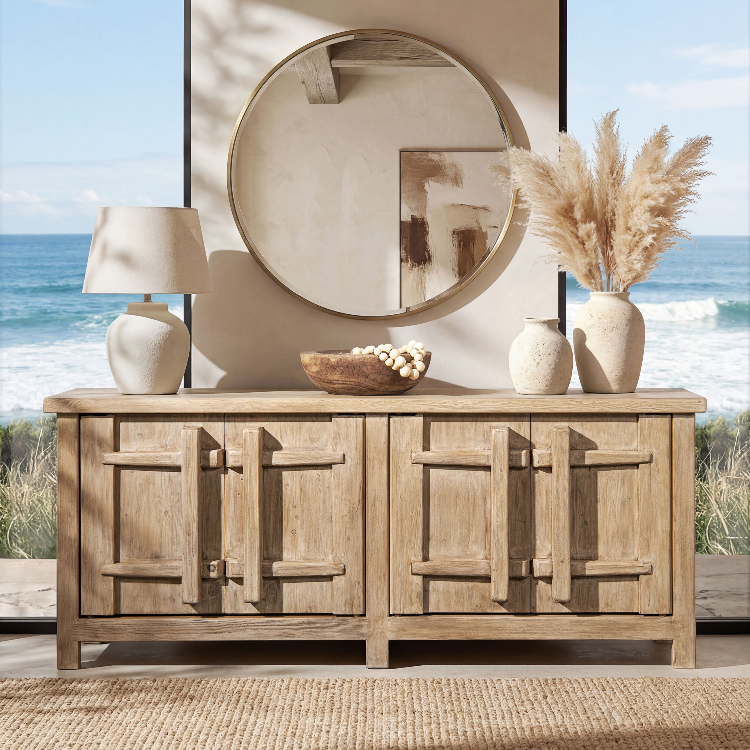 Rowan Reclaimed Elm 4-Door Crossbar Sideboard Cabinet, Heritage Light Natural Brown