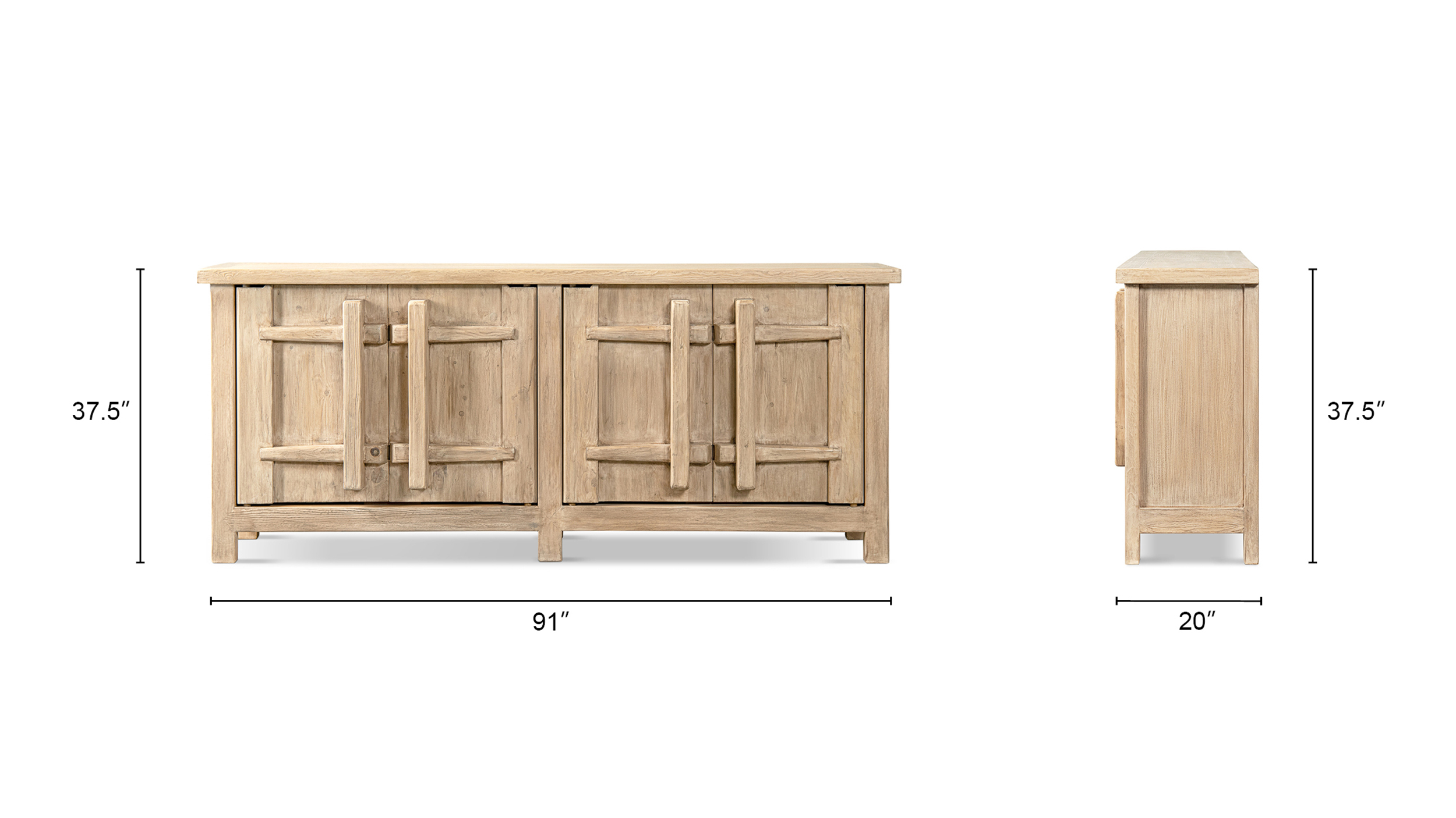 Rowan Reclaimed Elm 4-Door Crossbar Sideboard Cabinet, Heritage Light Natural Brown