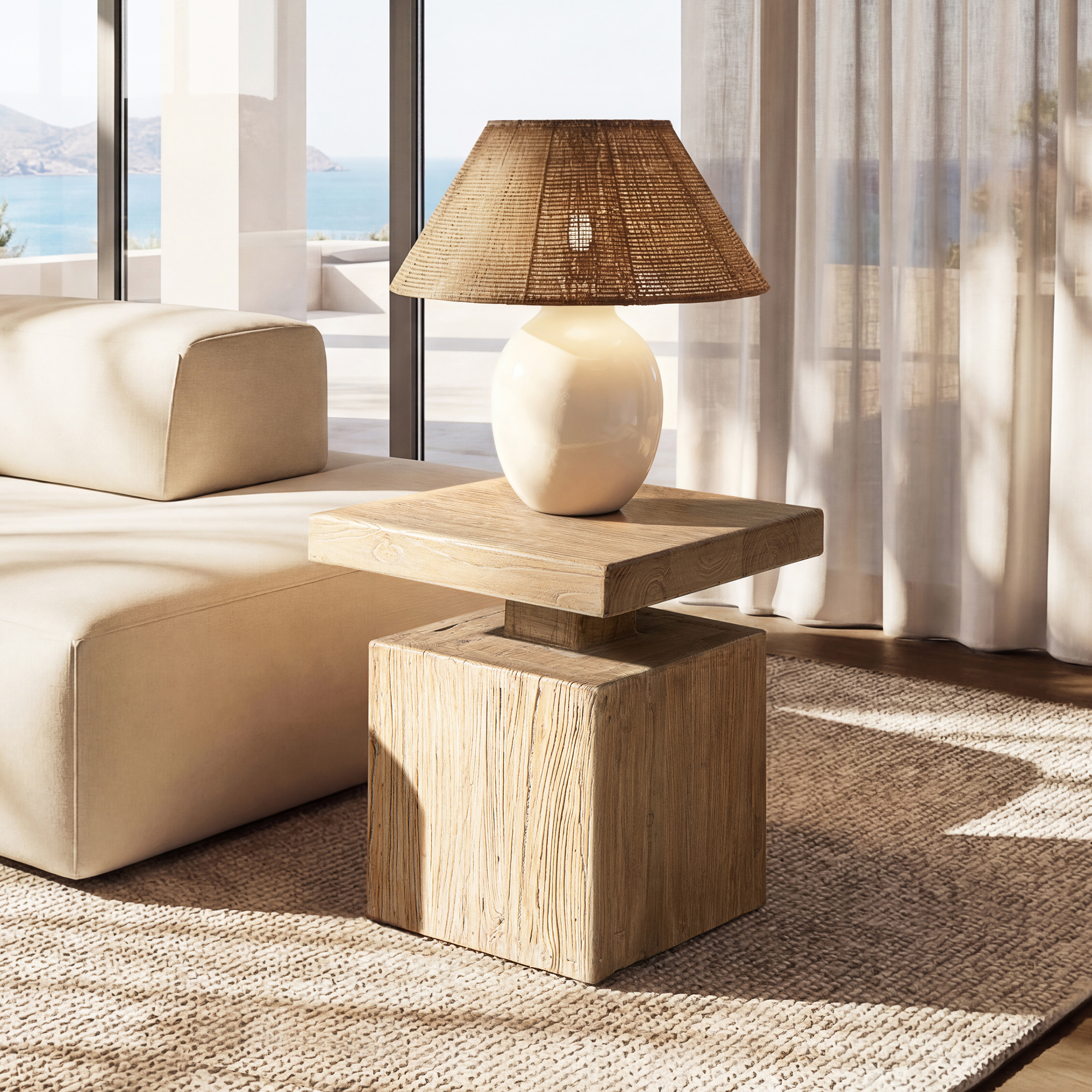 Calder Solid Square Reclaimed Elm Block Plinth Side Table, Heritage Light Natural Brown