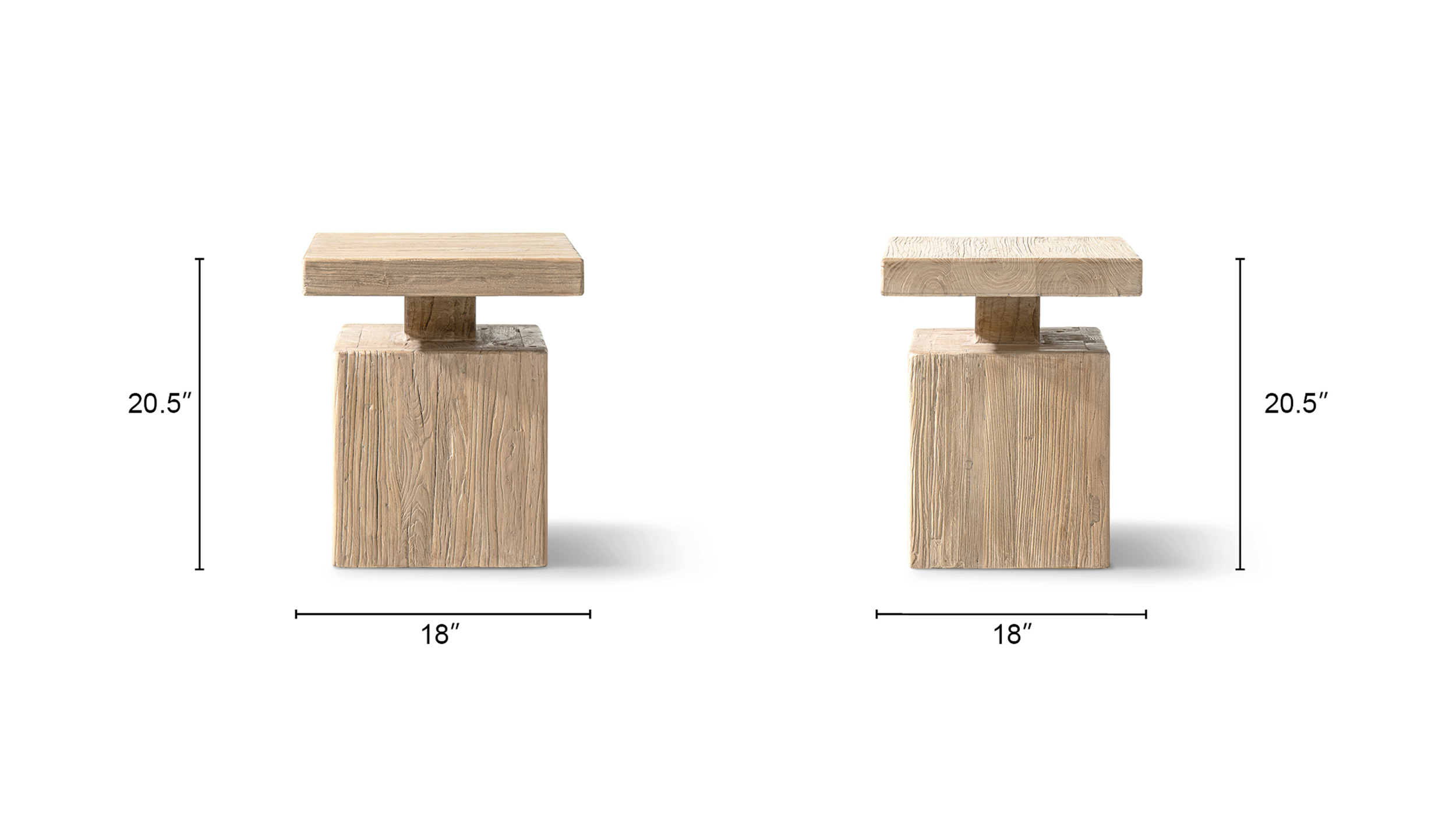 Calder Solid Square Reclaimed Elm Block Plinth Side Table, Heritage Light Natural Brown