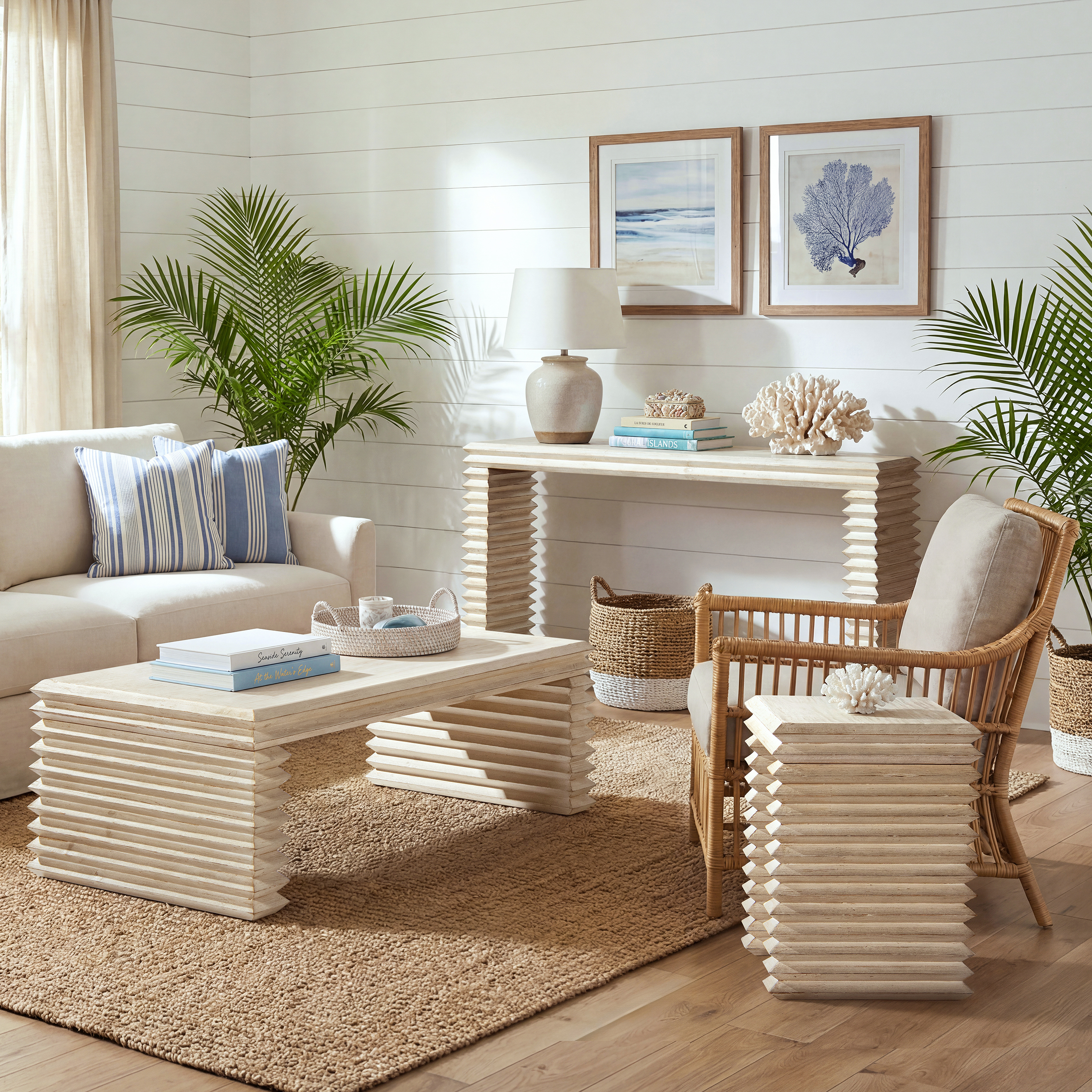 Veda Reclaimed Pine Wood Stacked Geometric Waterfall Side Table, Whitewashed Natural